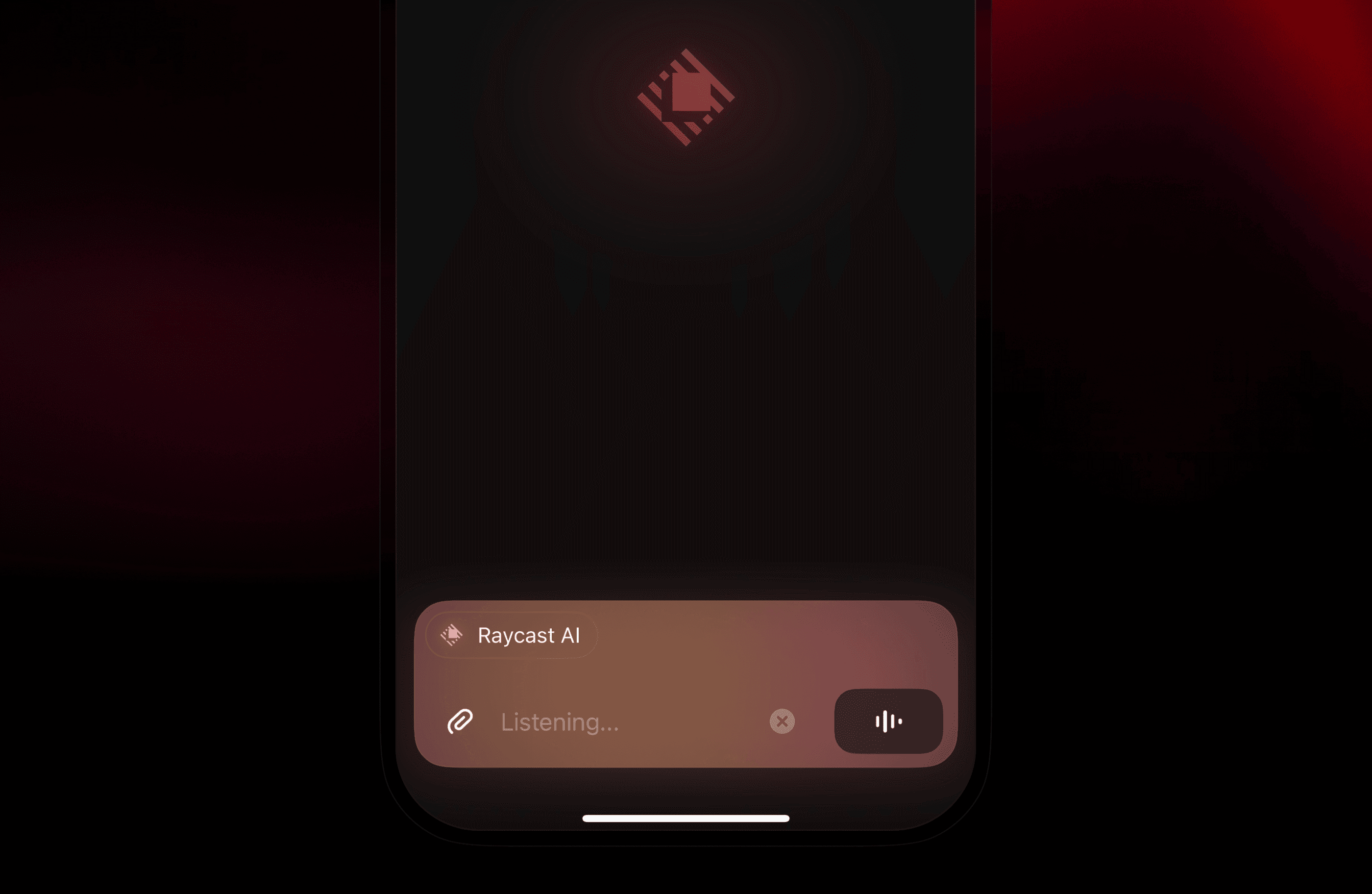 Dictation listening in the Raycast iOS app, with the Raycast AI Dynamic Island activity at the bottom of the screen
