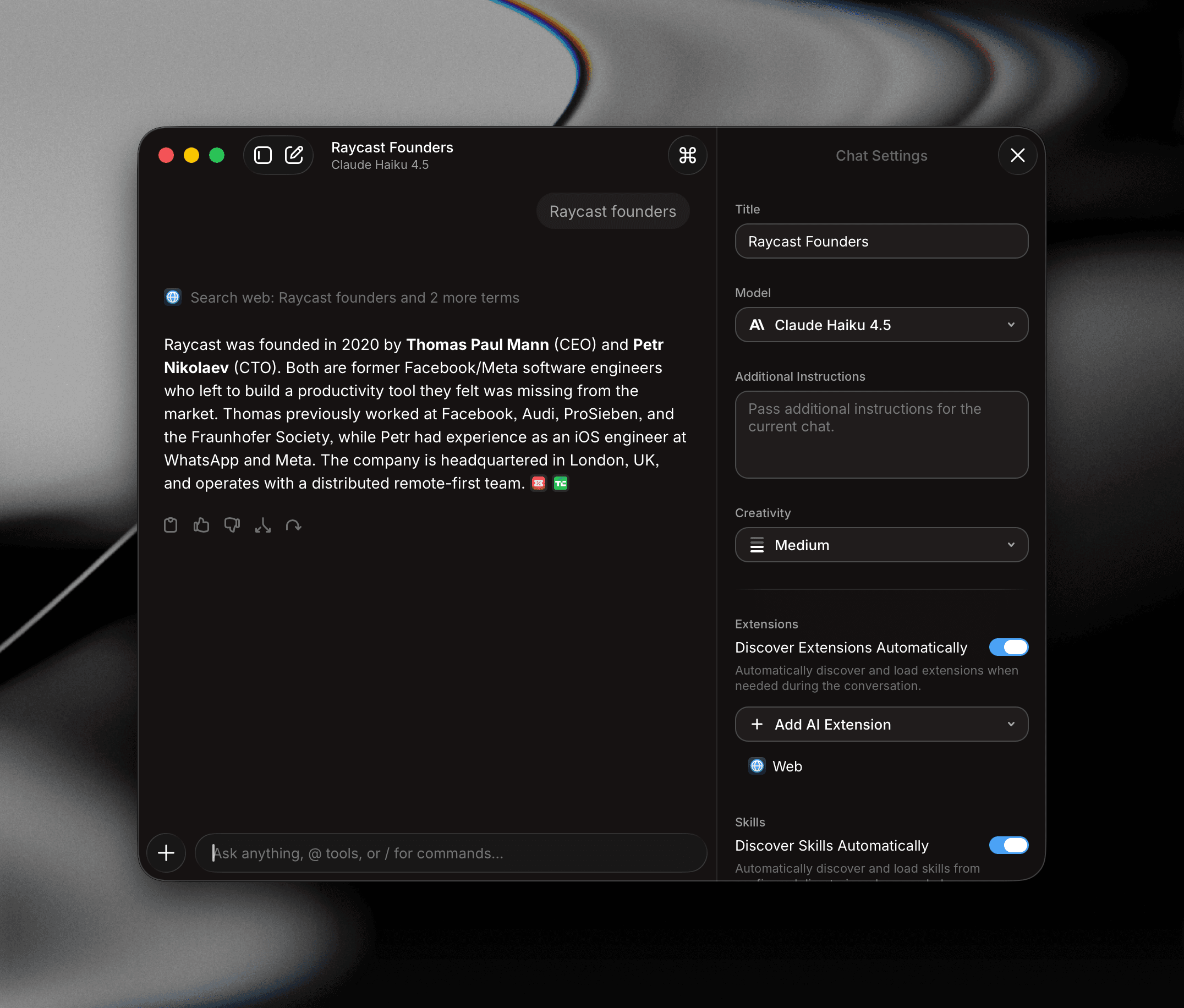 AI Chat workspace in Raycast
