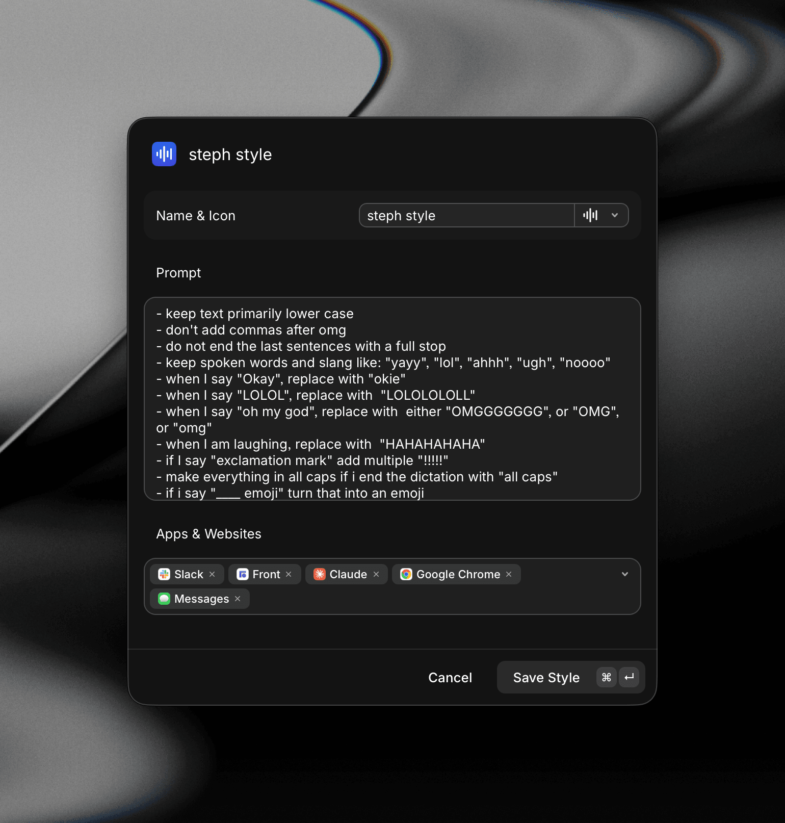 The Create Style dialog with a custom style named 'steph style', a prompt with formatting rules, and a list of apps and websites it applies to