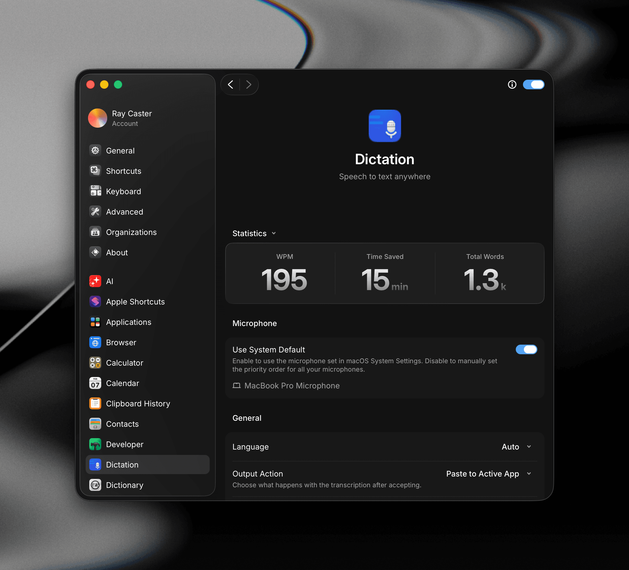 Raycast Settings open on the Dictation pane, showing usage statistics, microphone preferences, and general behaviour options