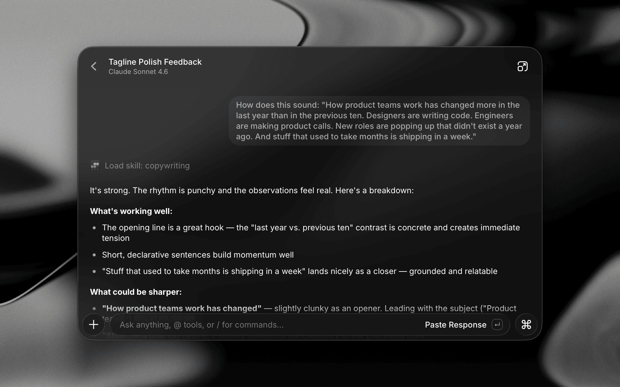 Quick AI loading a Skill called 'copywriting' to answer a tagline question