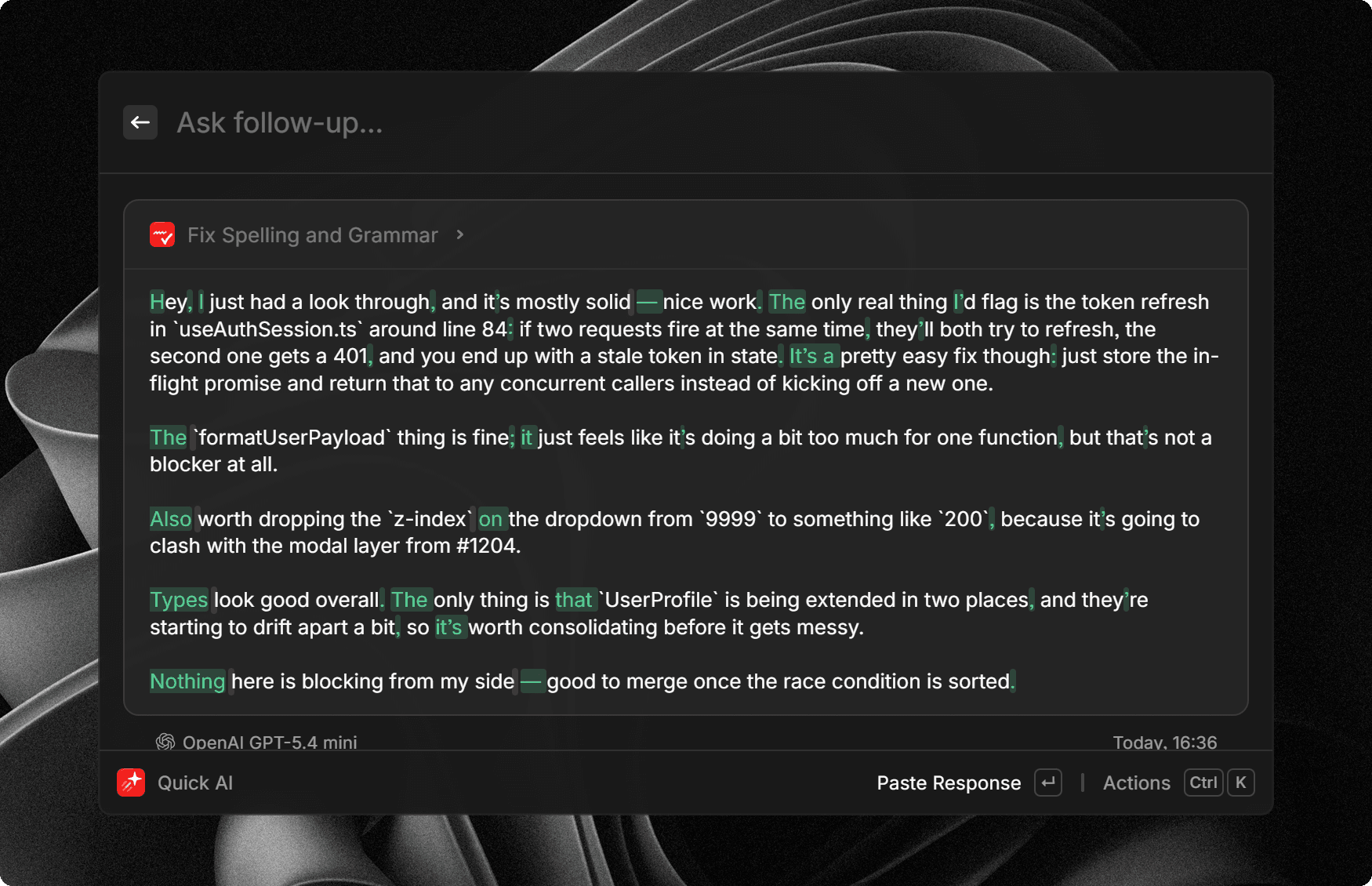 Fix Grammar and Spelling AI Command running in Quick AI