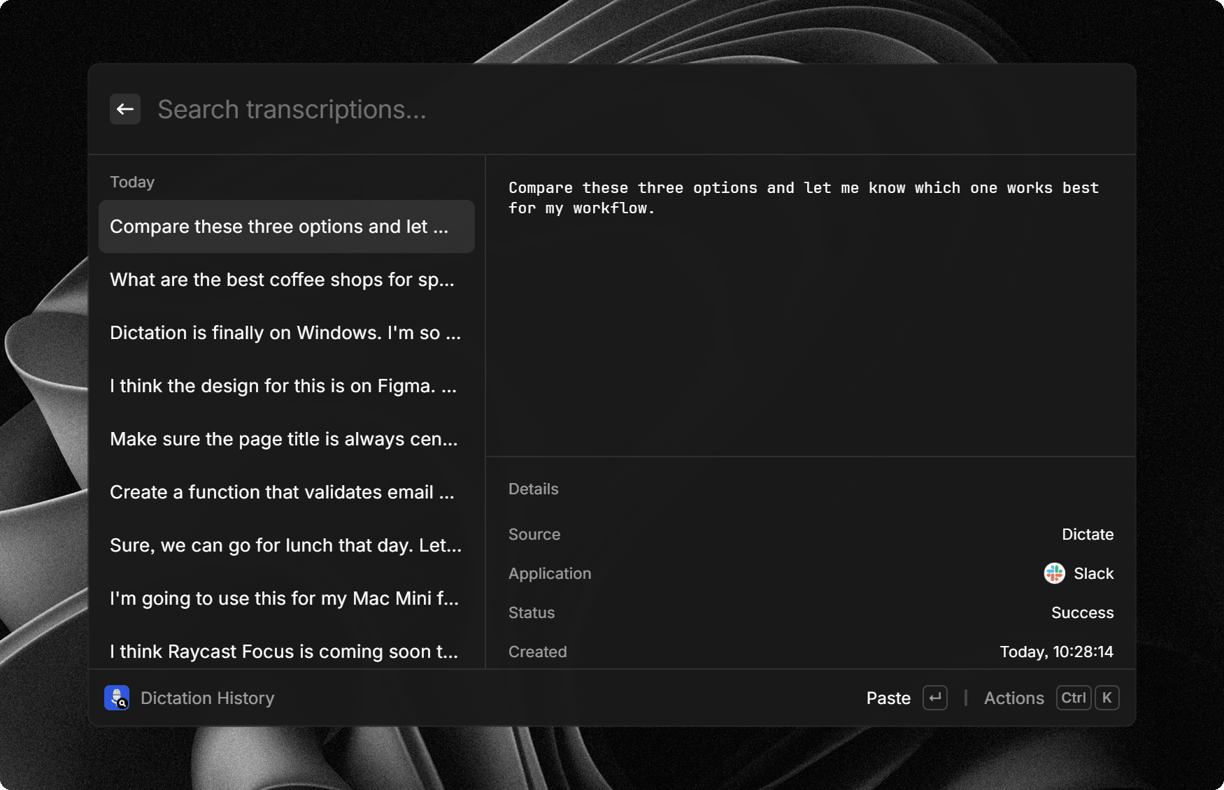 The Dictation History command in Raycast