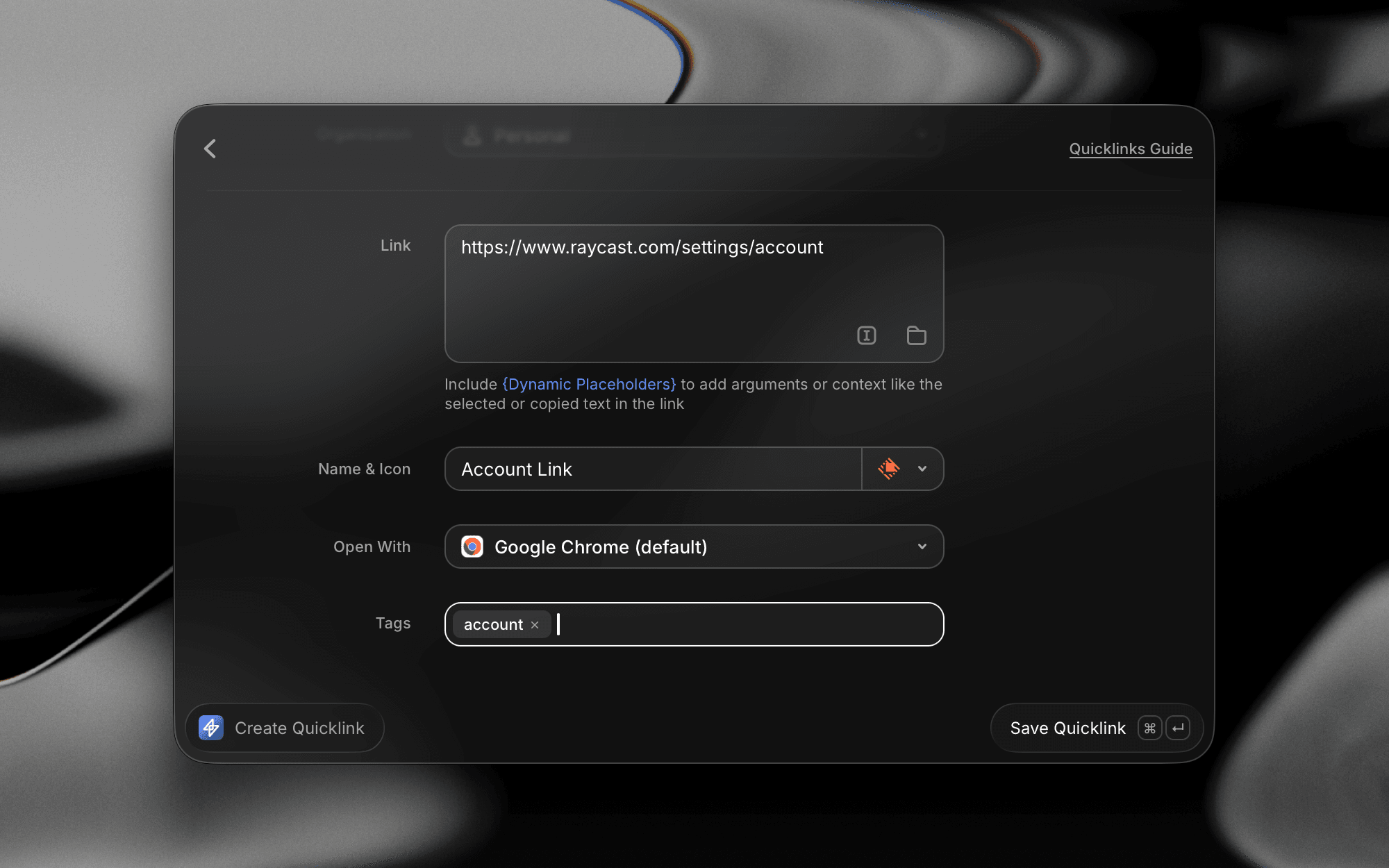 A screenshot showing tags being applied to a Quicklink in Raycast v2
