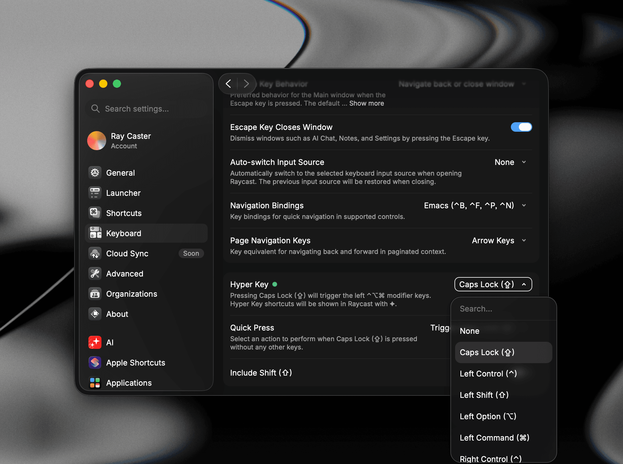 Hyper Key setting in Raycast Settings with Caps Lock selected