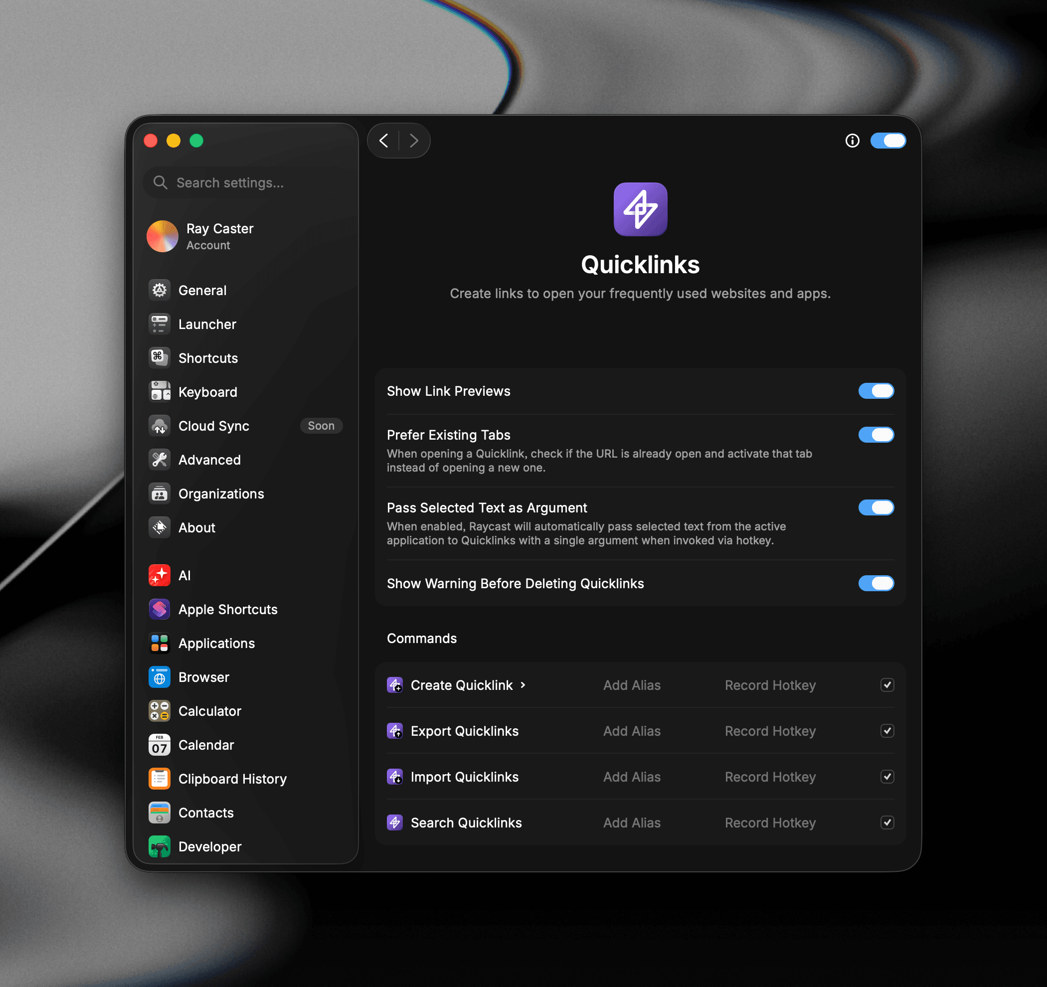 Raycast Settings open to the Quicklinks page