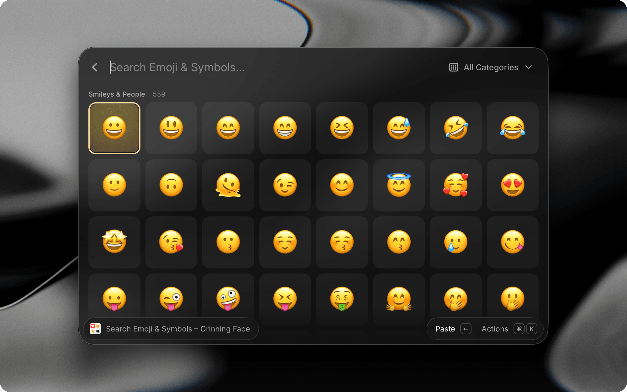 Screenshot of the Emoji & Symbols command in Raycast