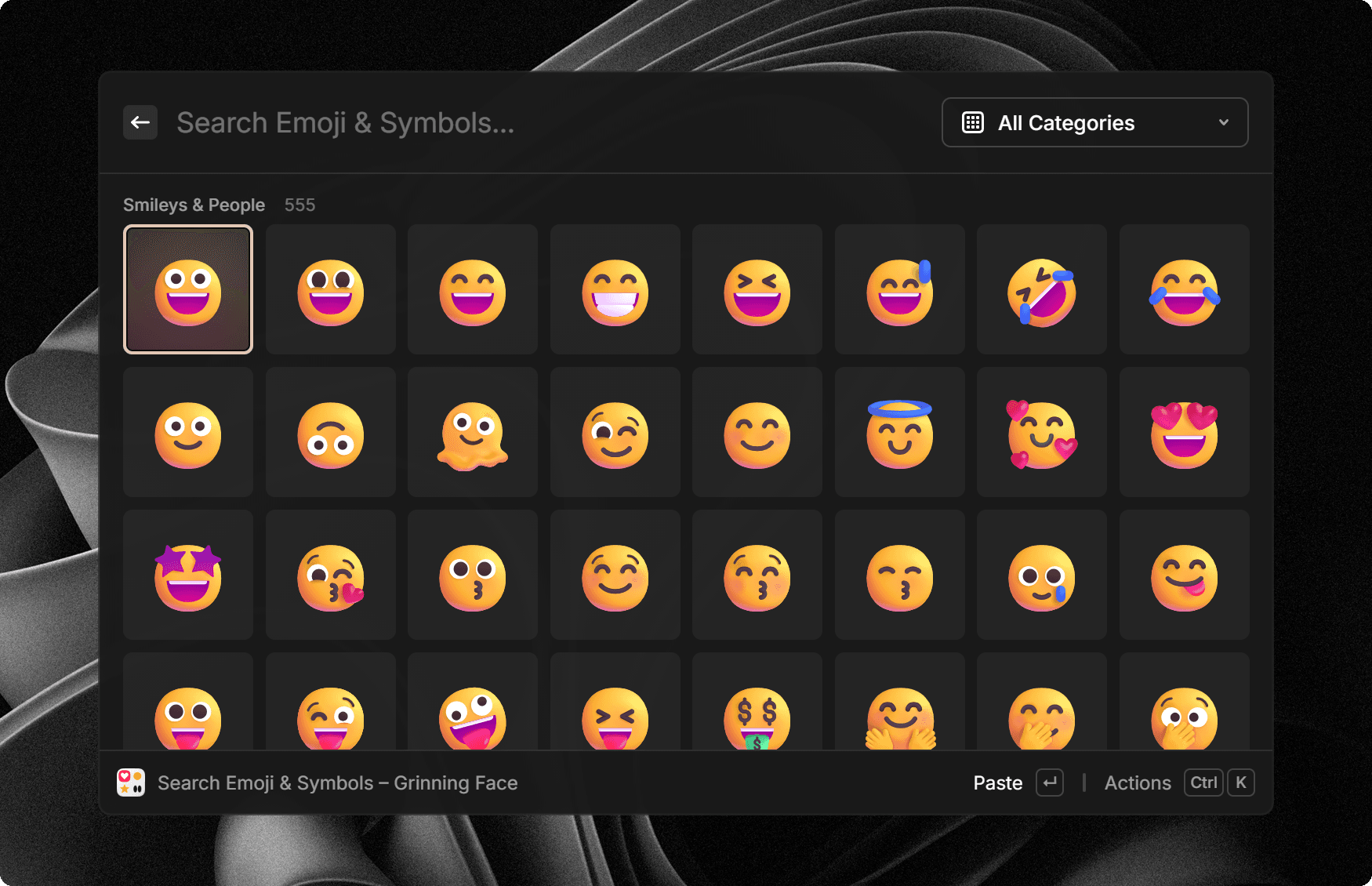 Screenshot of the Emoji & Symbols command in Raycast