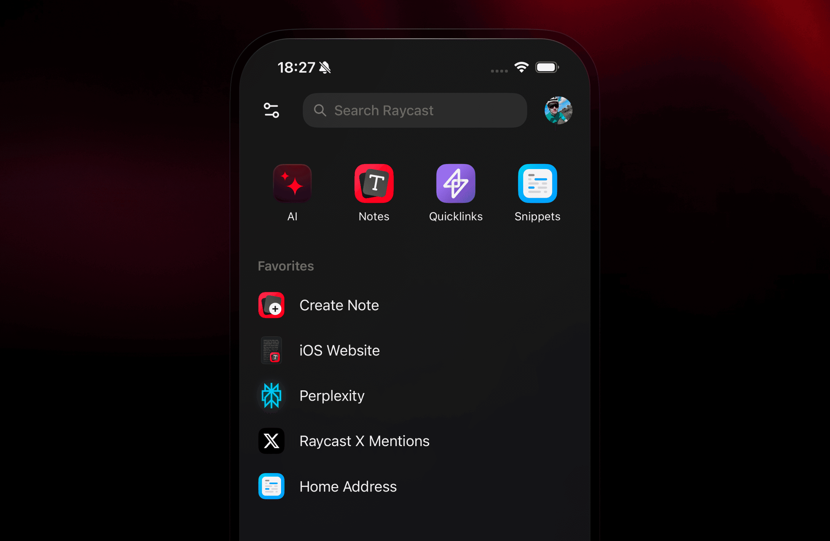 Screenshot of the Raycast home screen