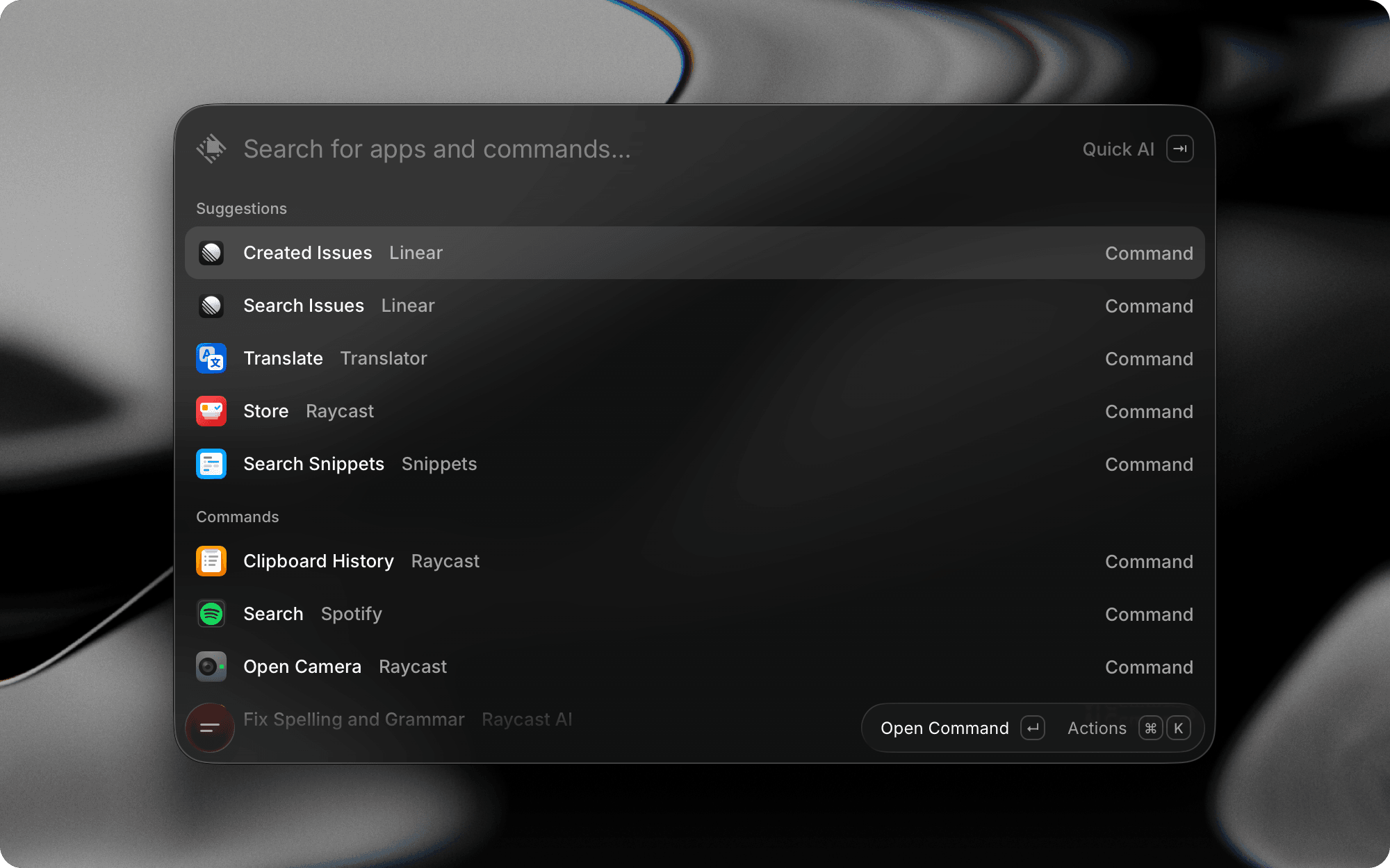 Screenshot of the Raycast home screen