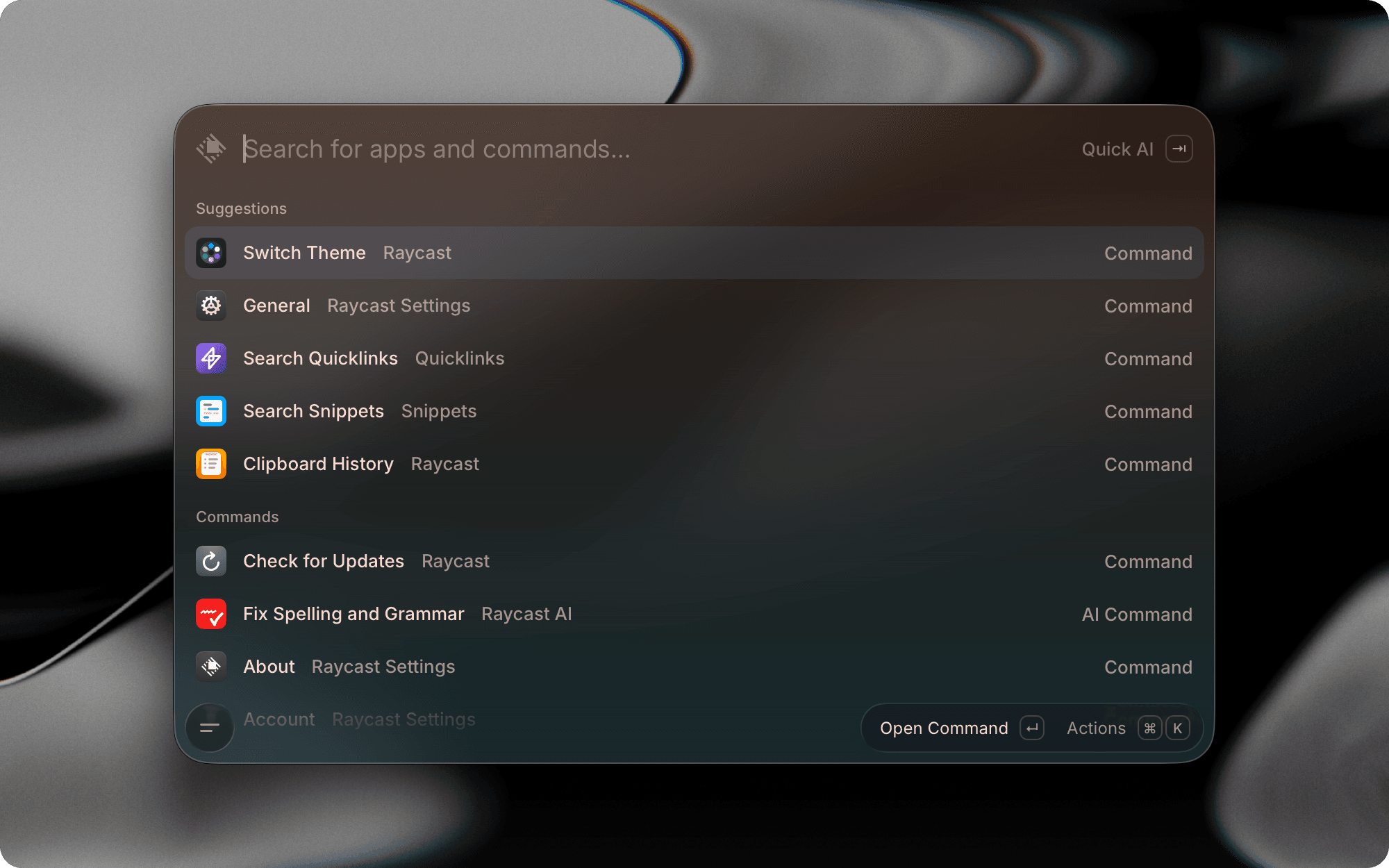 Raycast root search with Light-Overcast and Dark-Sunset themes applied