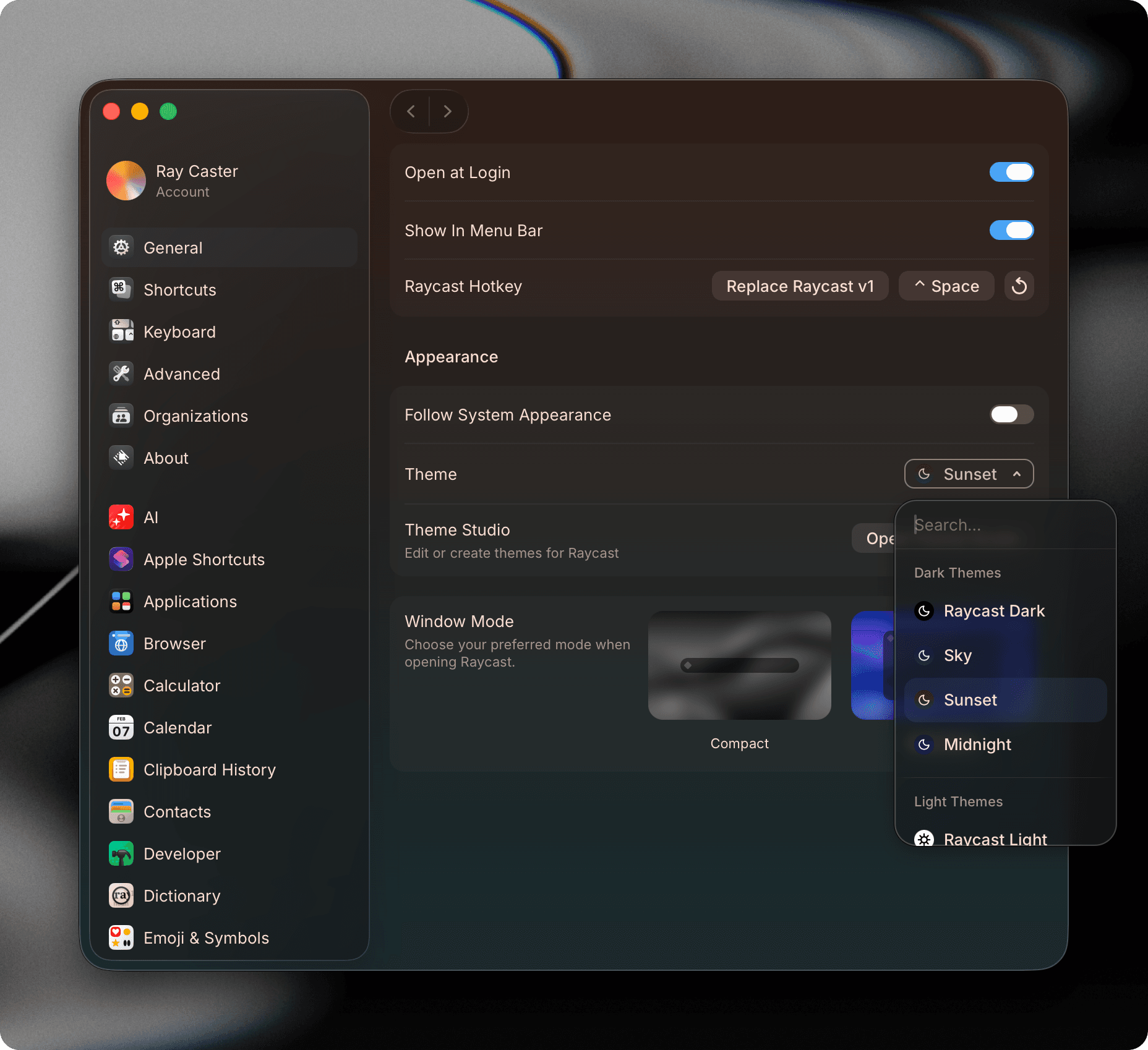 Theme preferences under Raycast Appearance settings