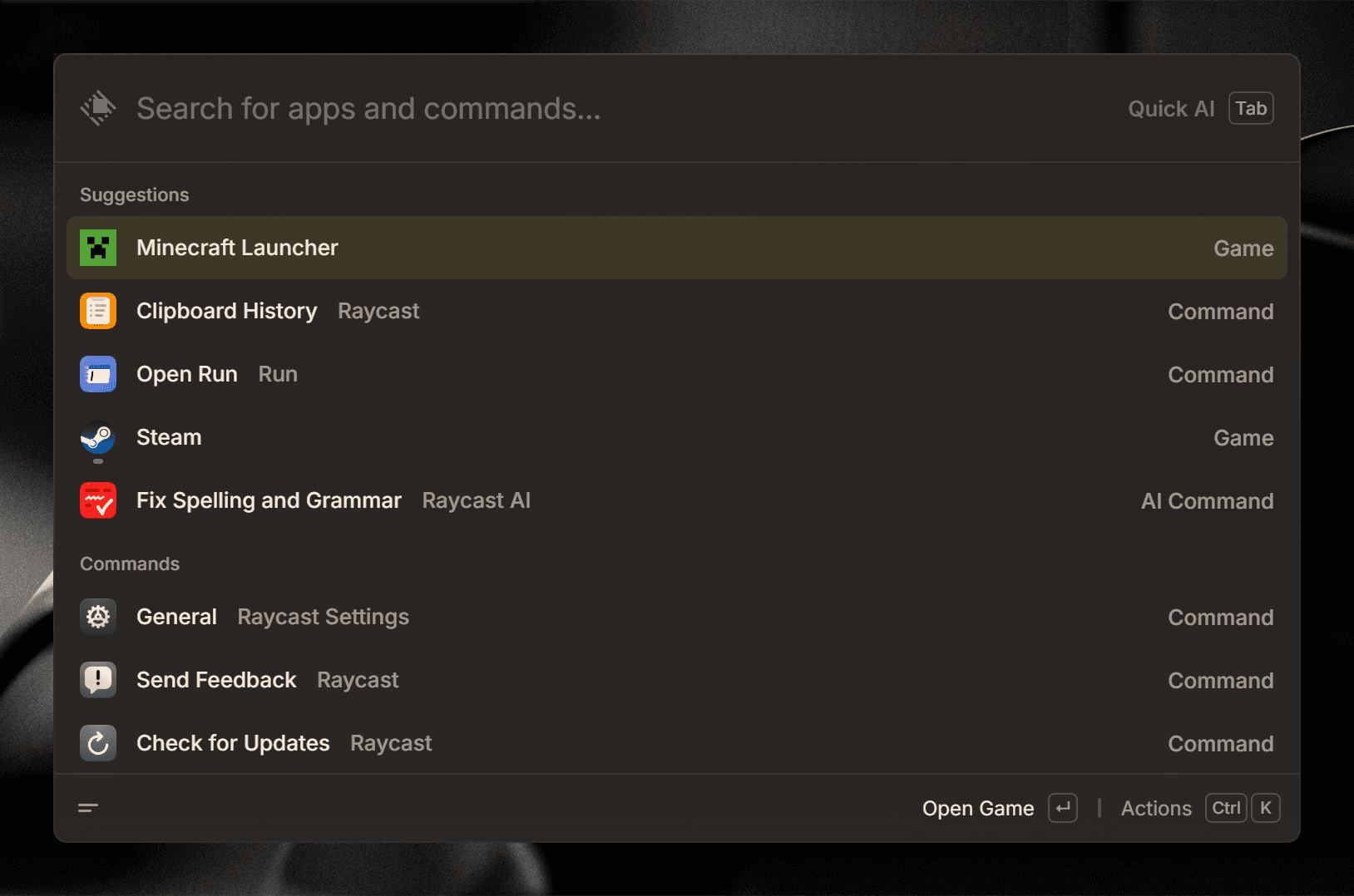 Raycast root search with Light-Overcast and Dark-Sunset themes applied