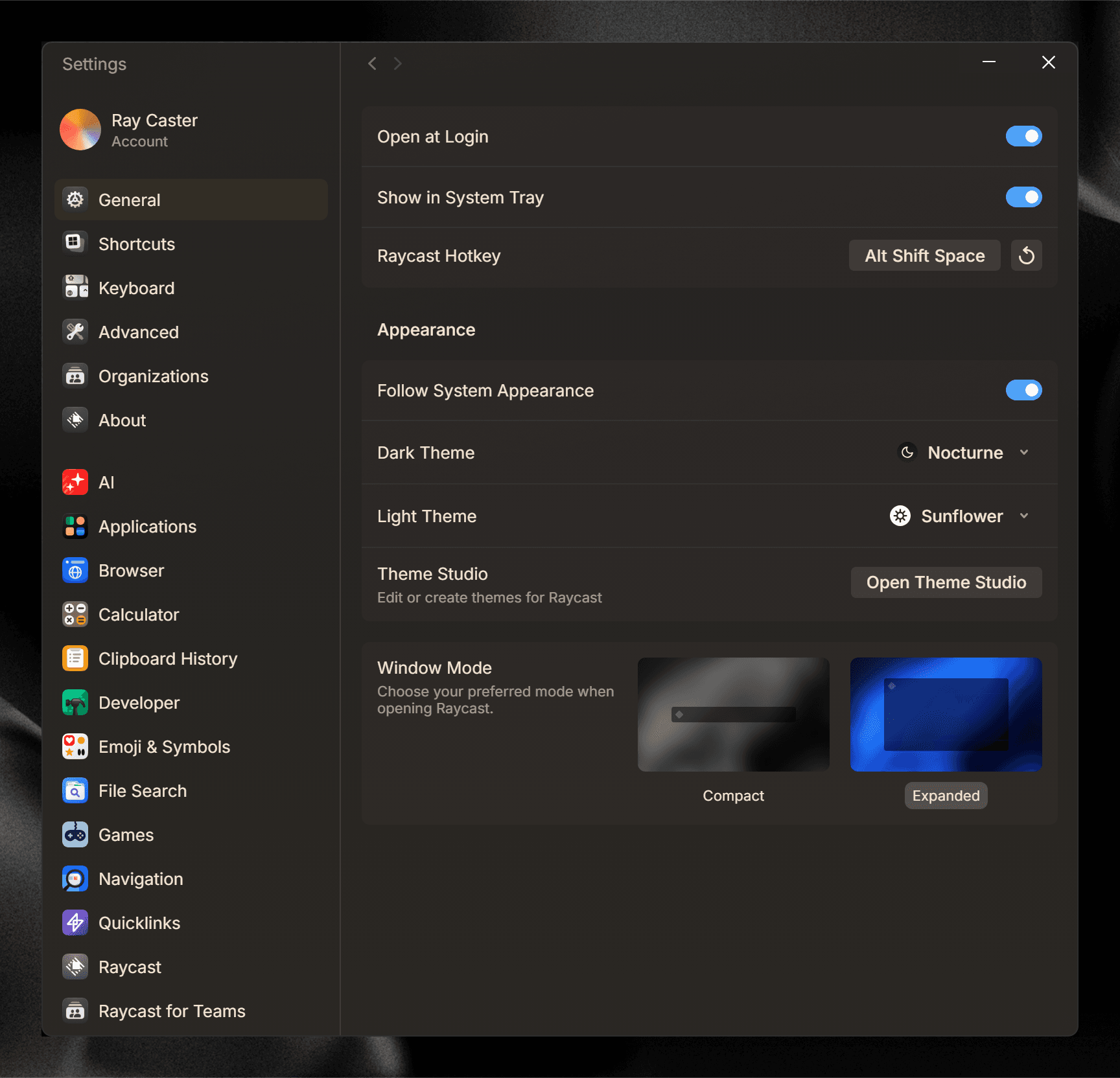 Theme preferences under Raycast Appearance settings