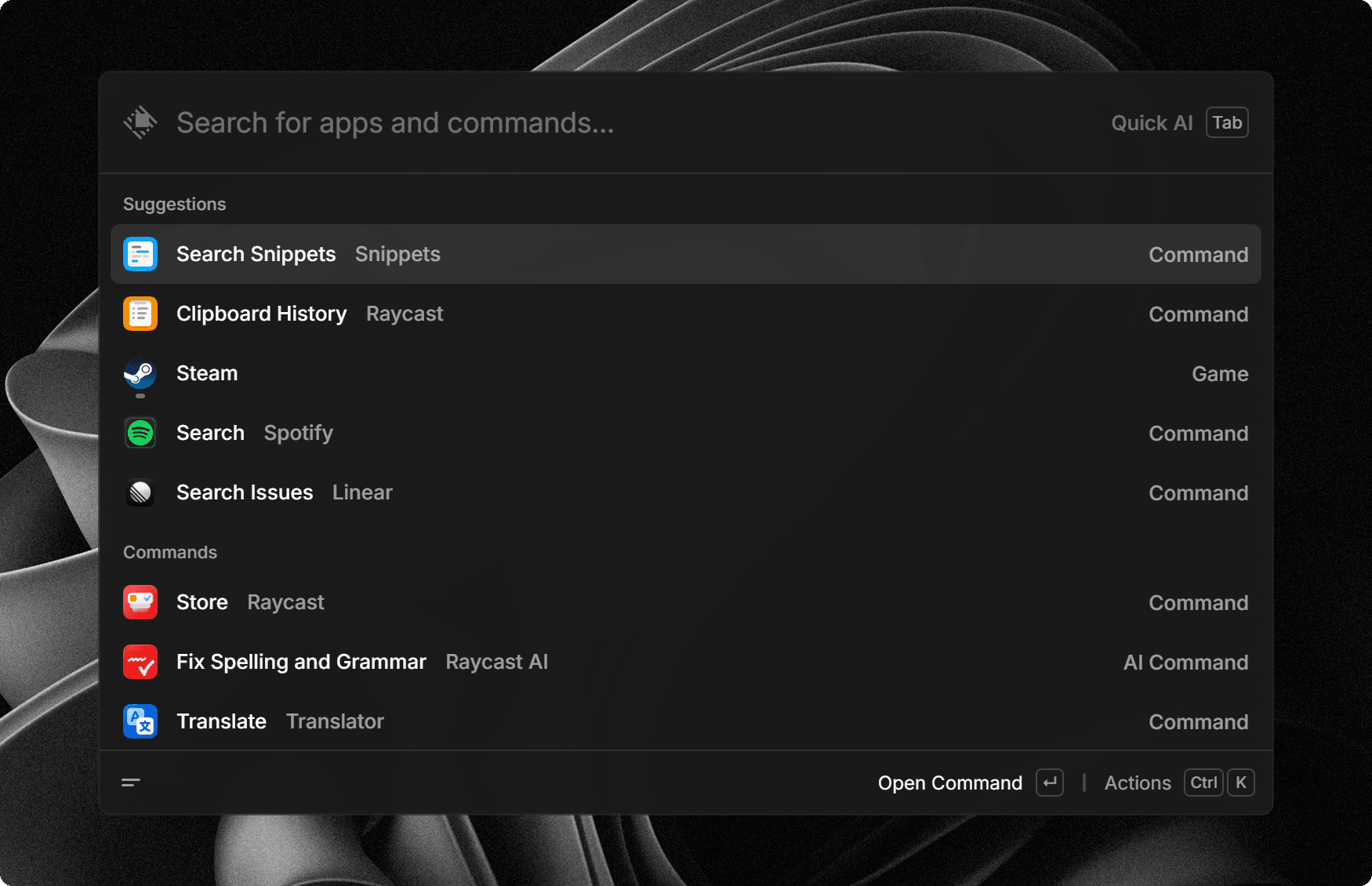 Screenshot of the Raycast home screen