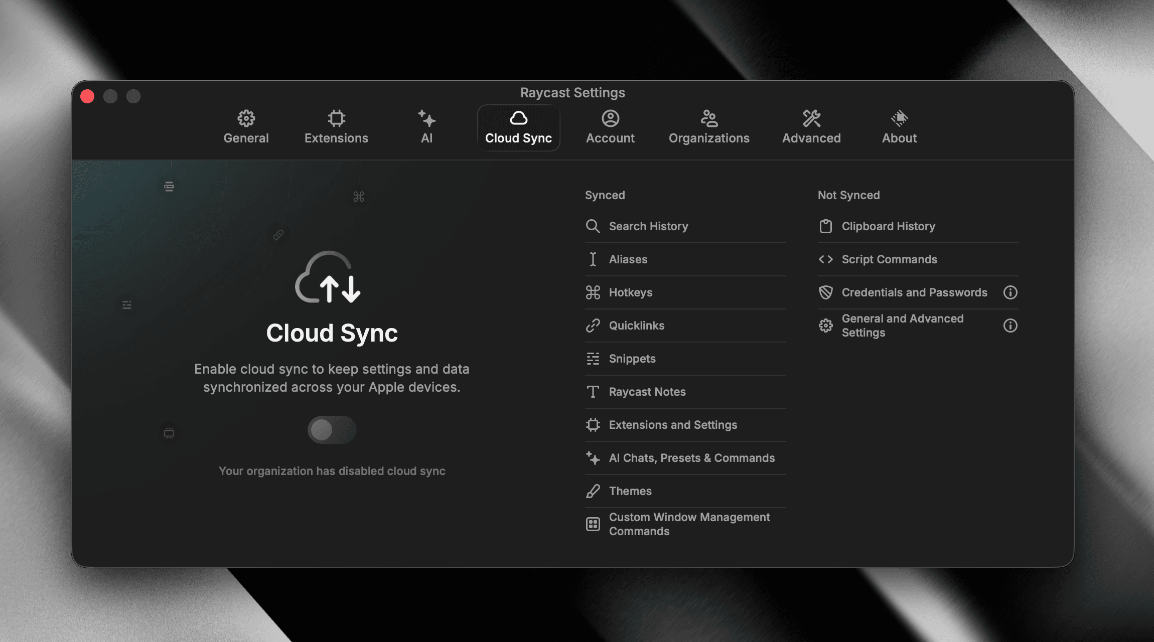 Cloud Sync disabled in Raycast client settings
