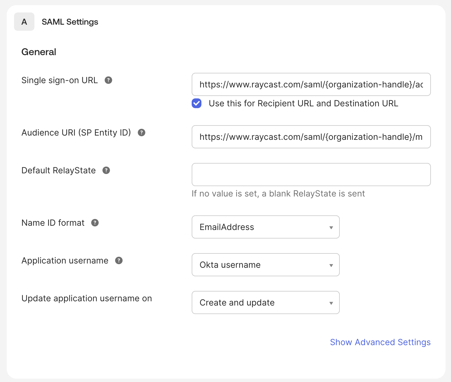 Okta SAML Settings configuration