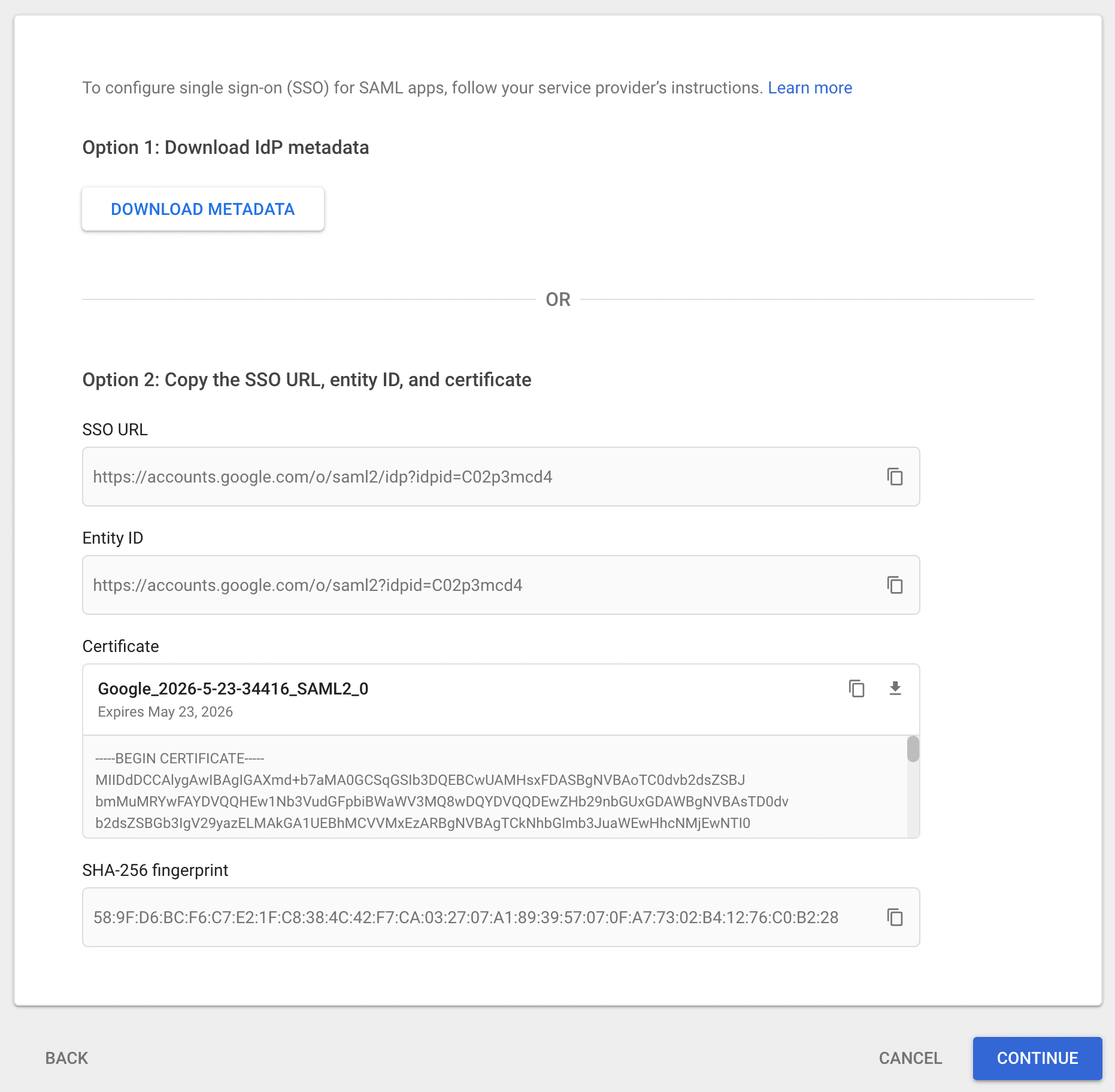 Google SAML Metadata download