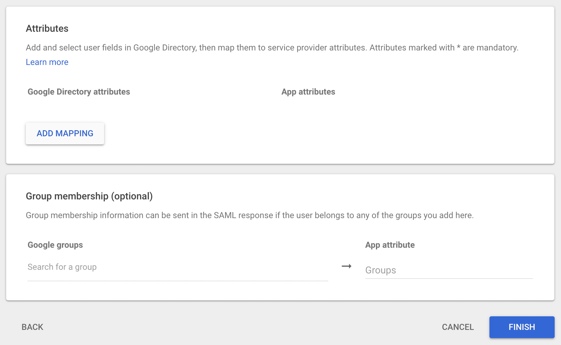 Google Attribute mapping screen