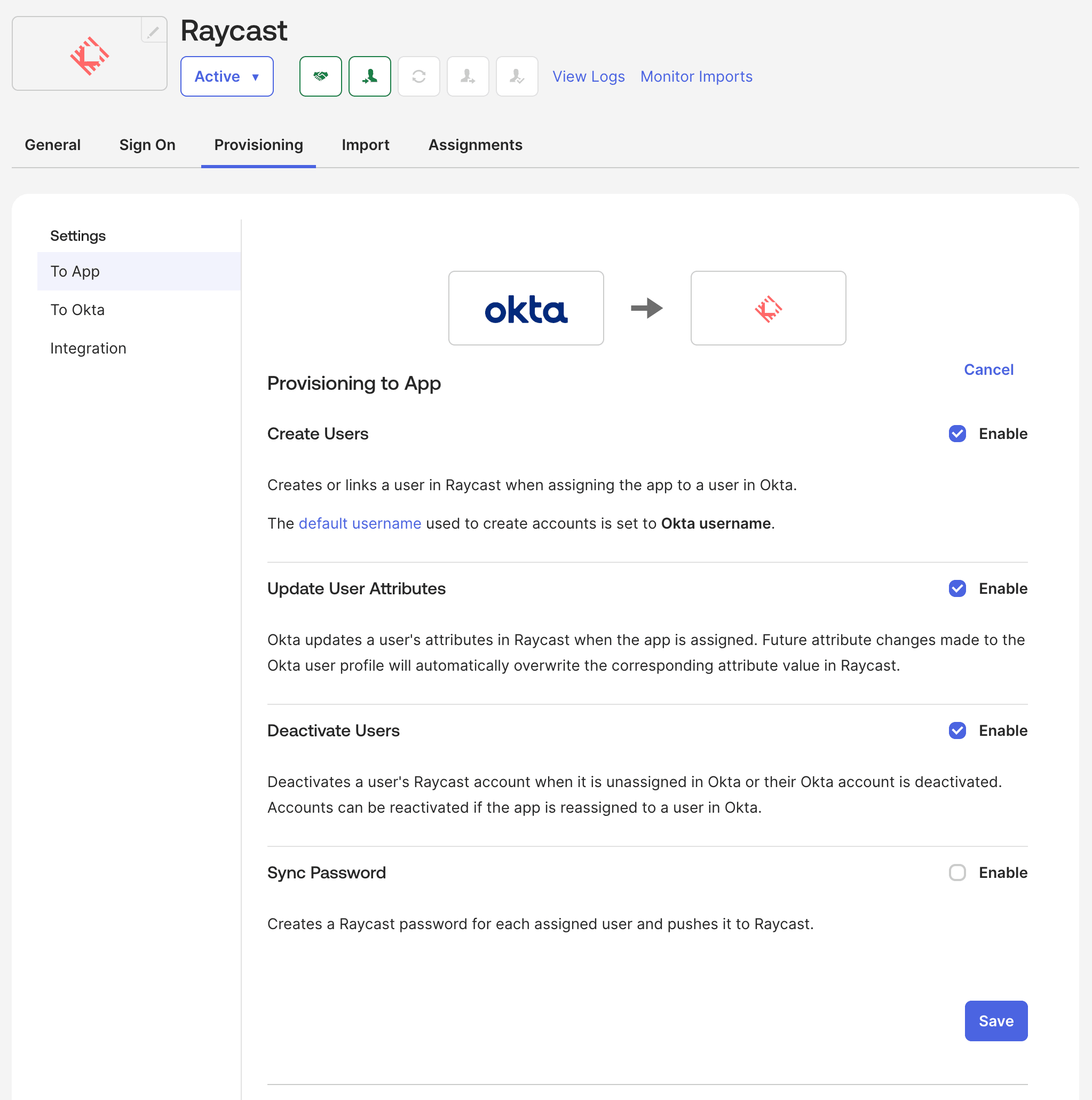Okta SCIM To App provisioning settings