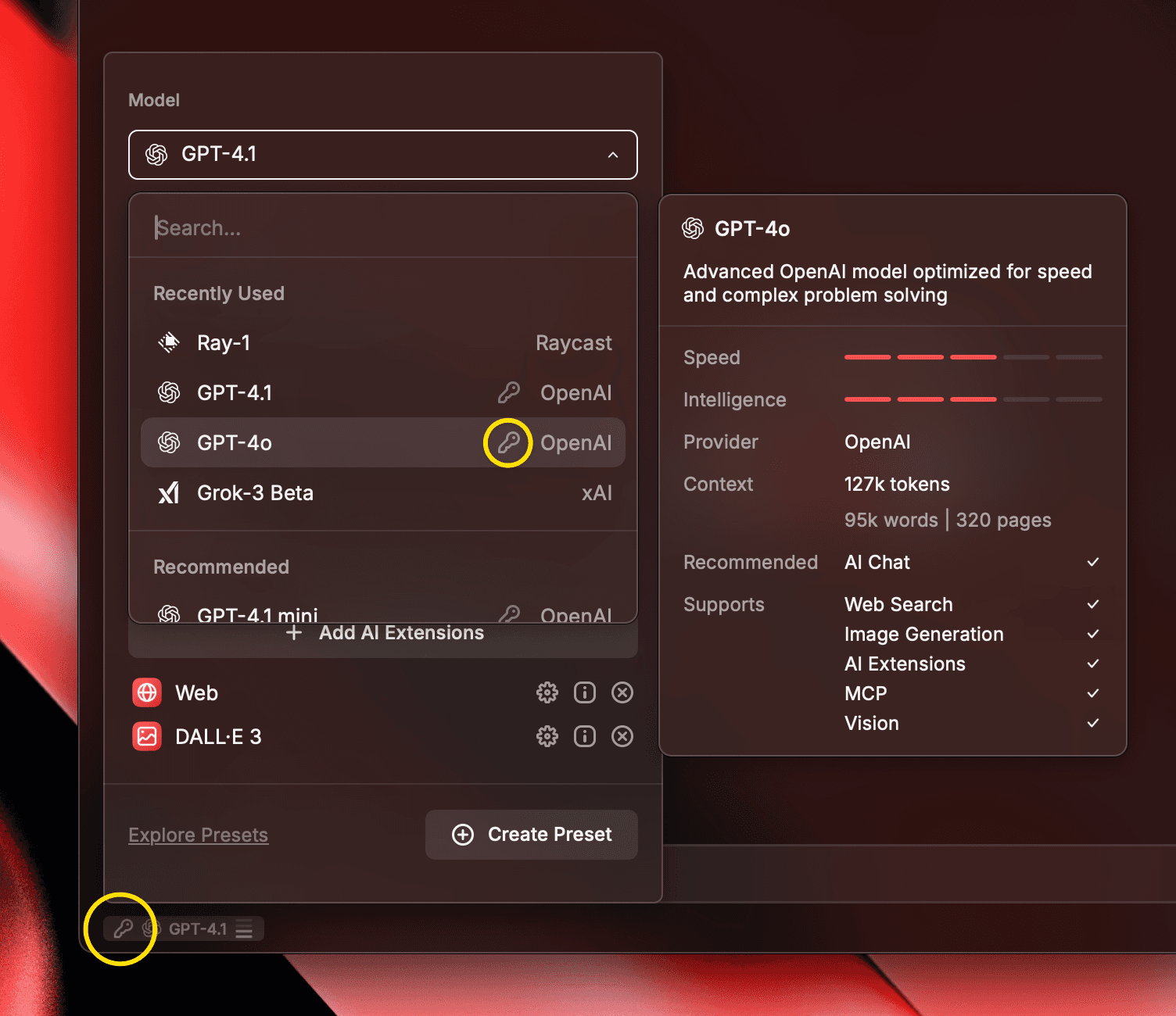 BYOK model picker with key icon