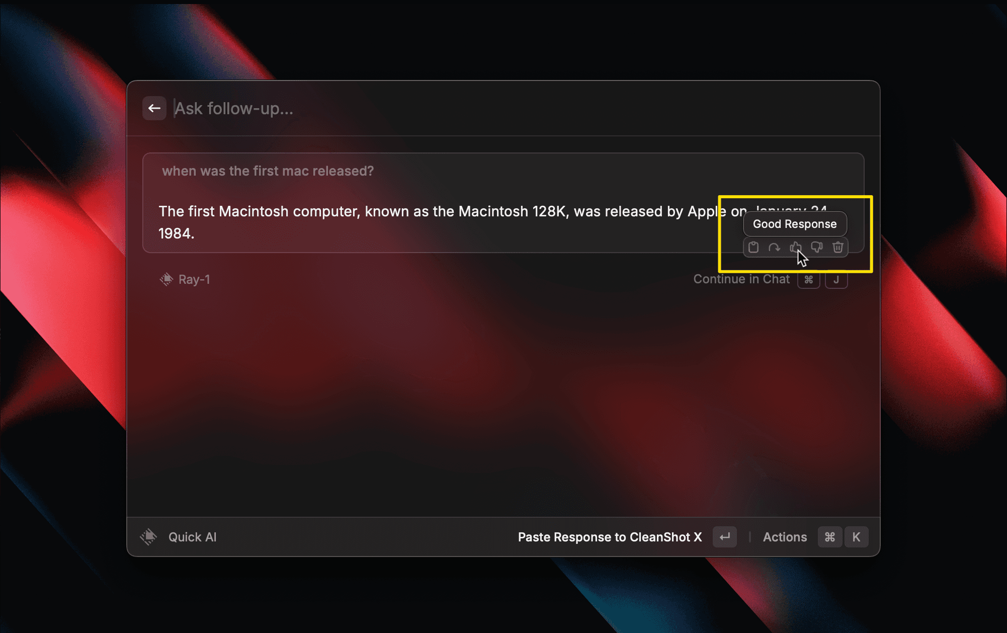 Feedback buttons show when hovering any message