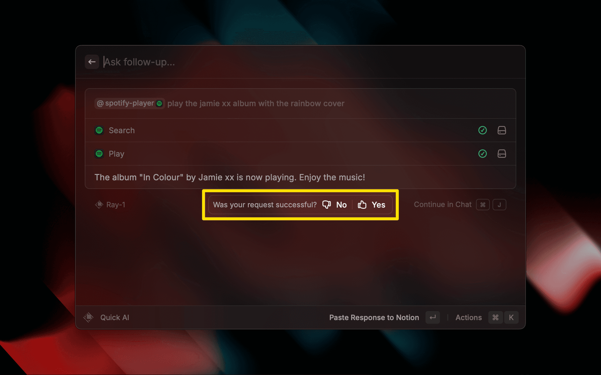 A feedback prompt will show after each message with an AI Extension