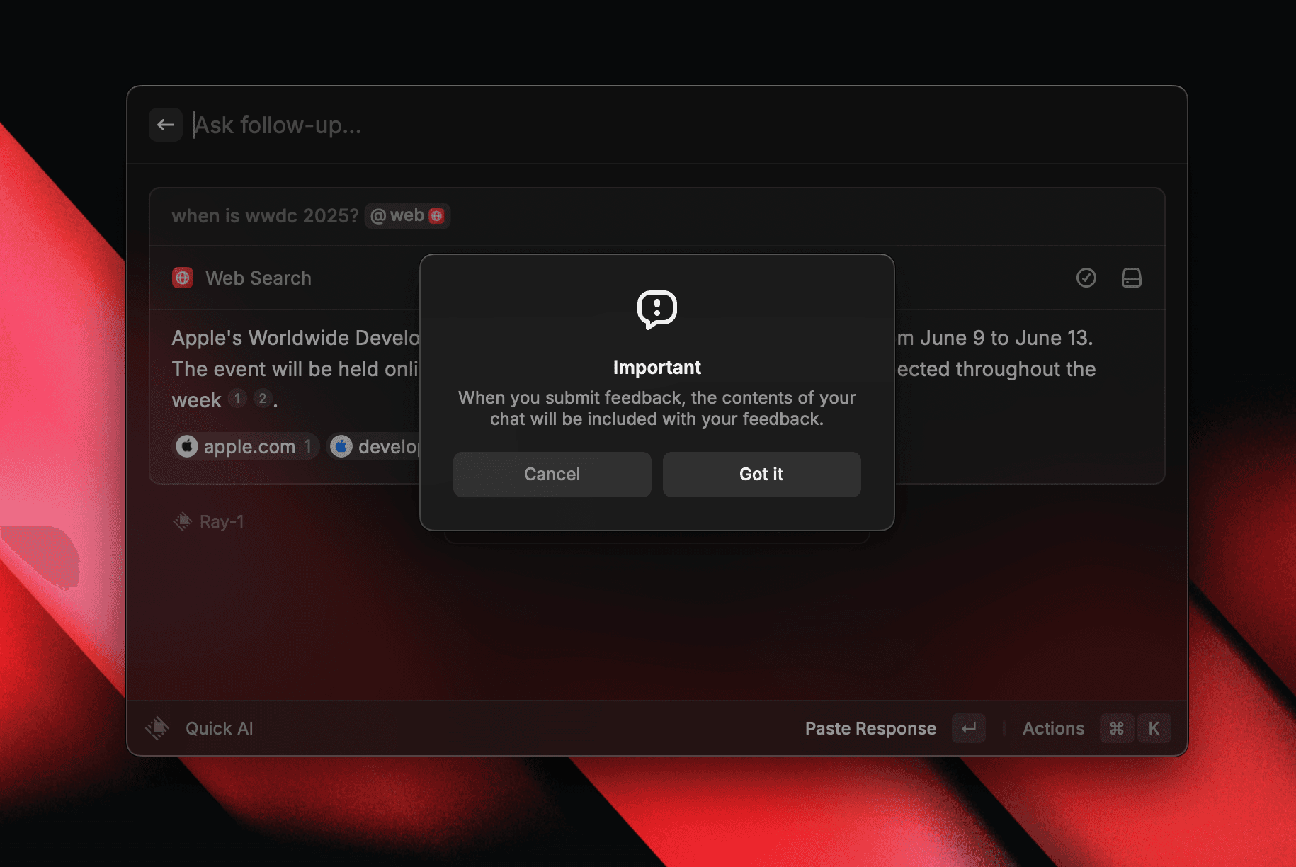 Consent prompt when submitting AI feedback