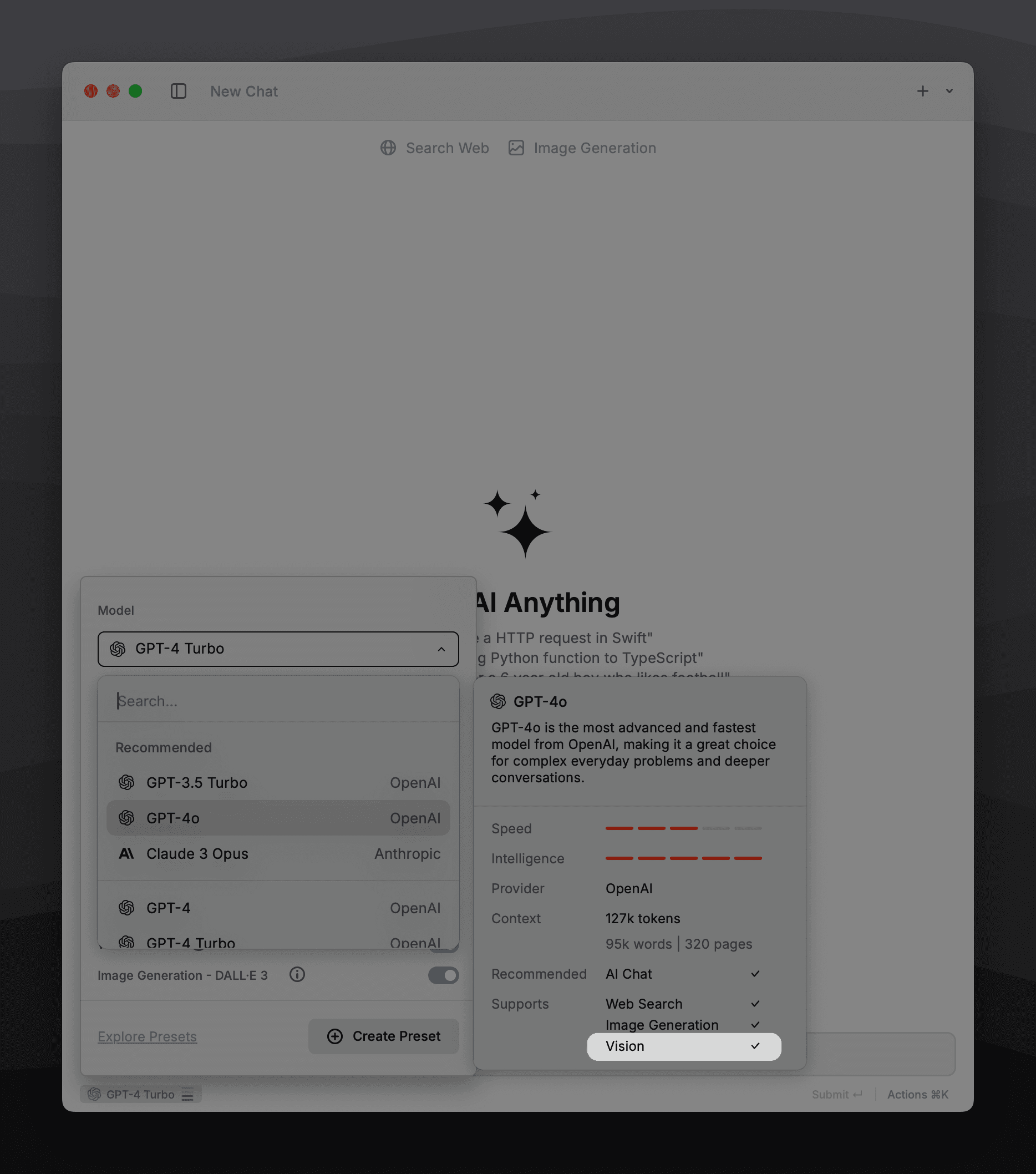 Model detail view showing Vision support