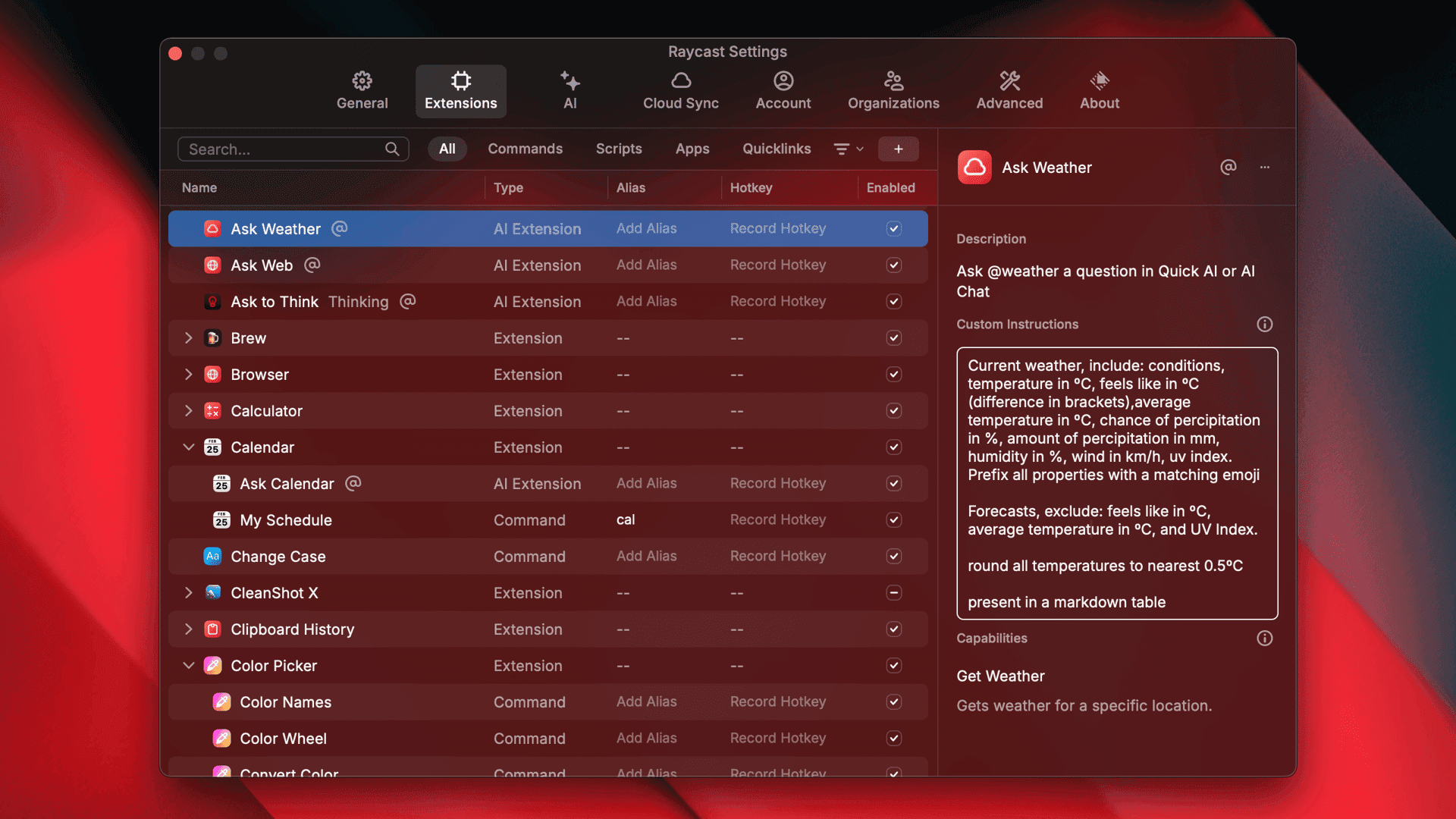 Screenshot of custom instructions for an AI Extension in Raycast V1