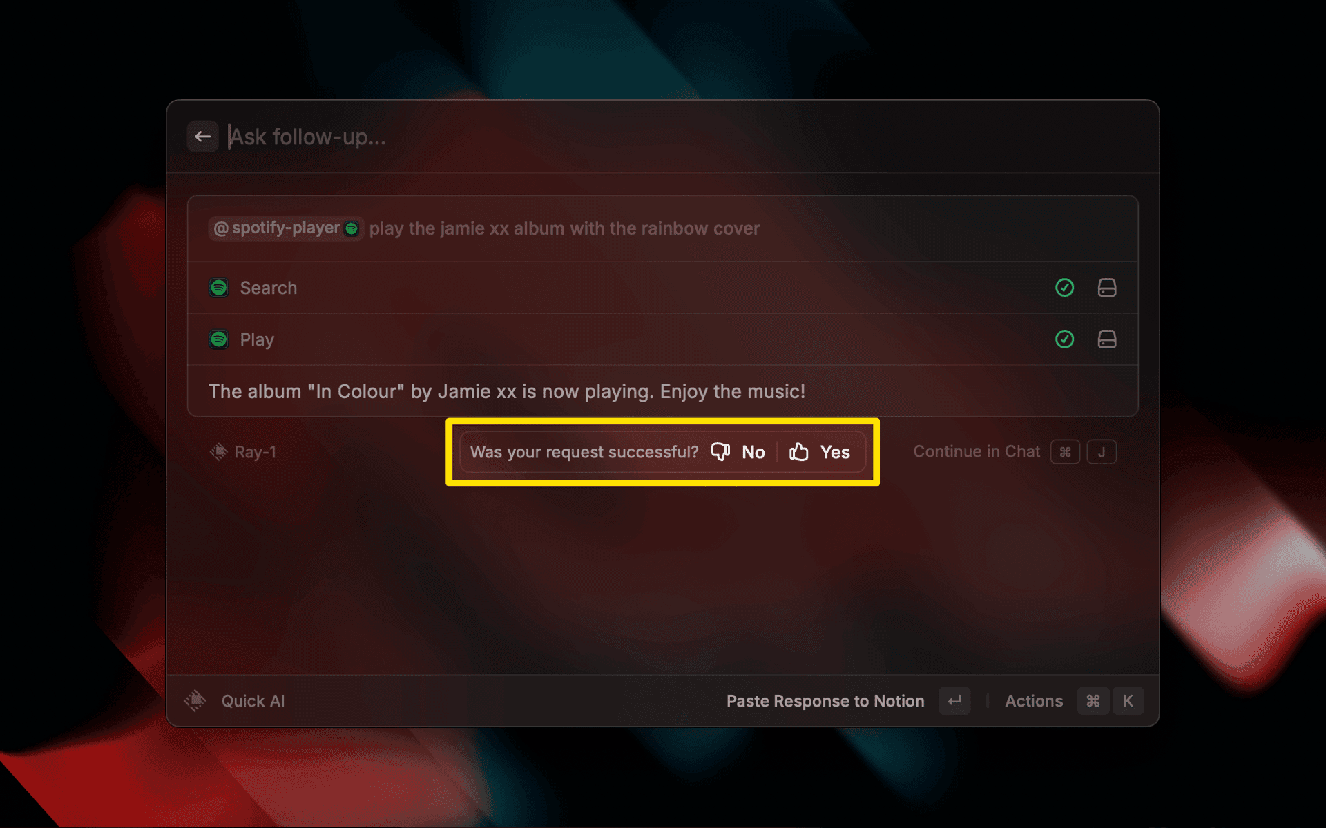 Screenshot of rating Quick AI response in Raycast V1