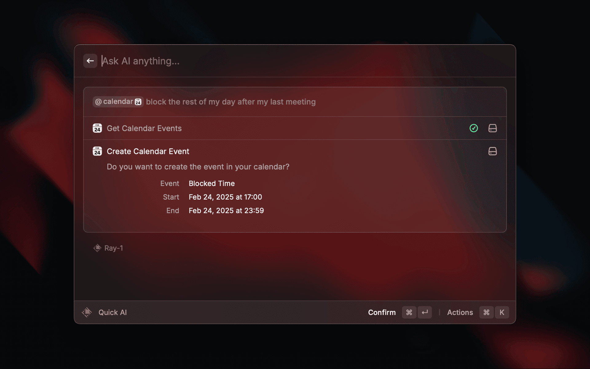 Screenshot of the Calendar AI Extension in Raycast V1
