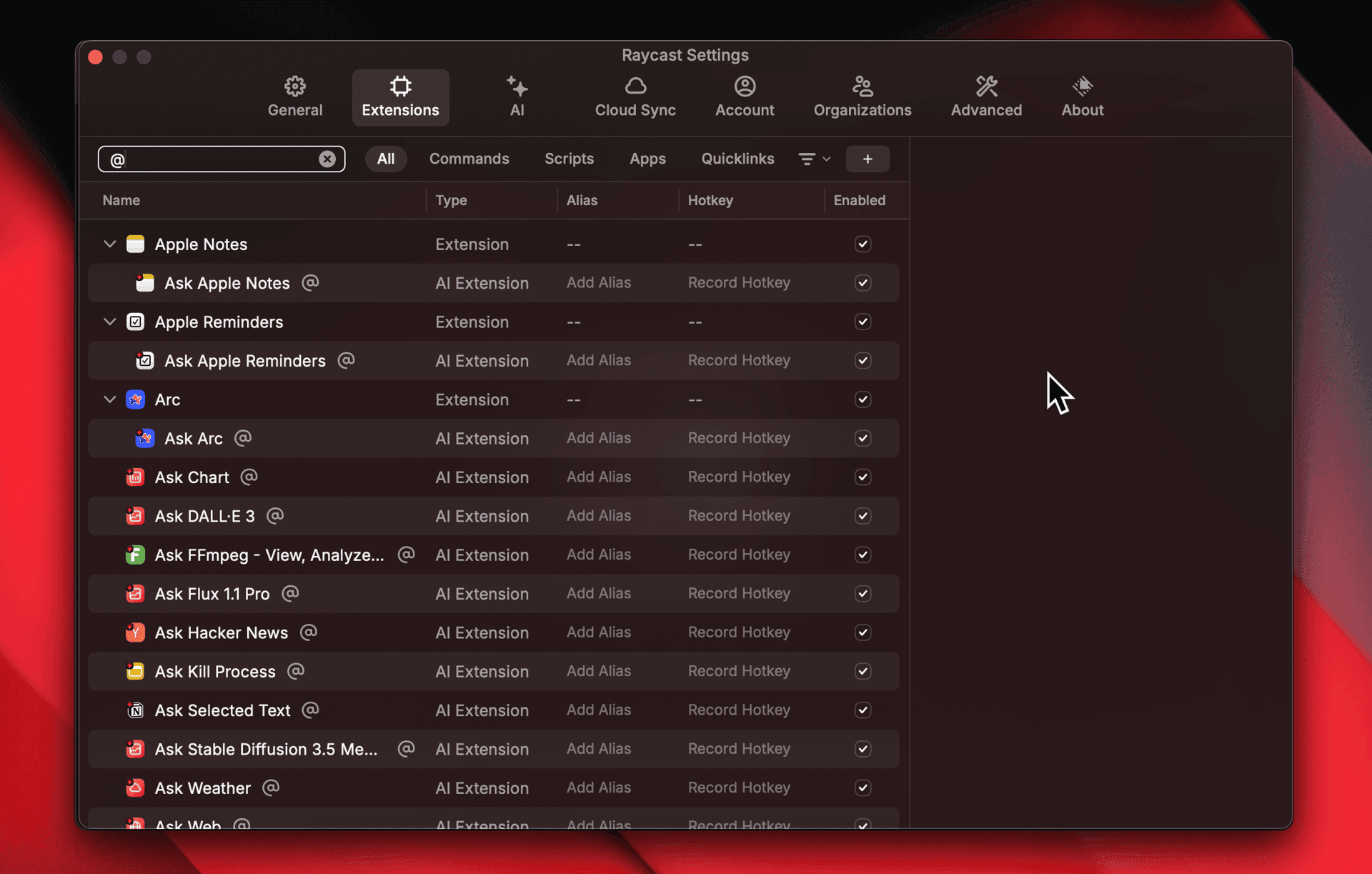 Screenshot of all available AI Extensions in Preferences in Raycast V1