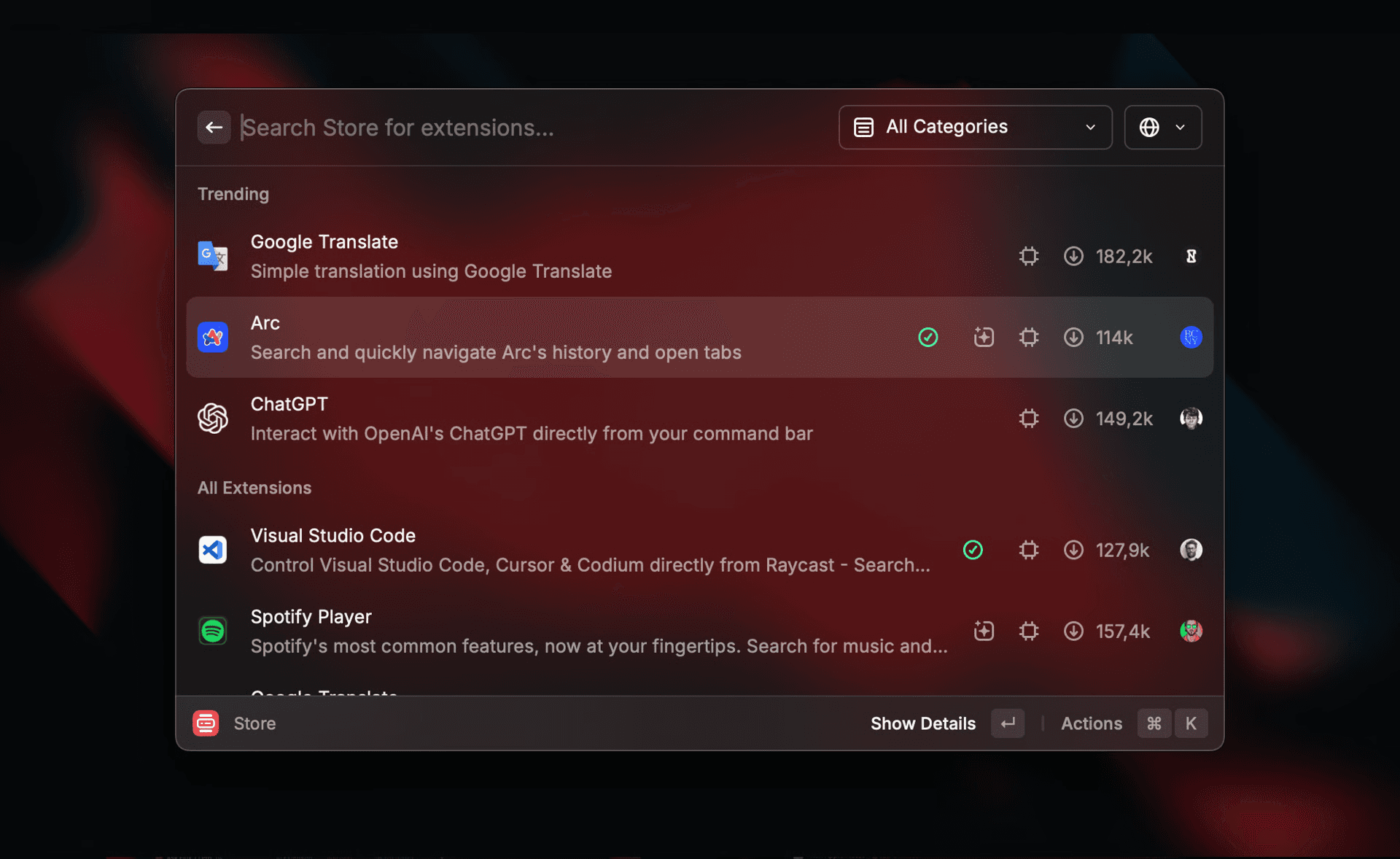 Screenshot of the Store in Raycast V1