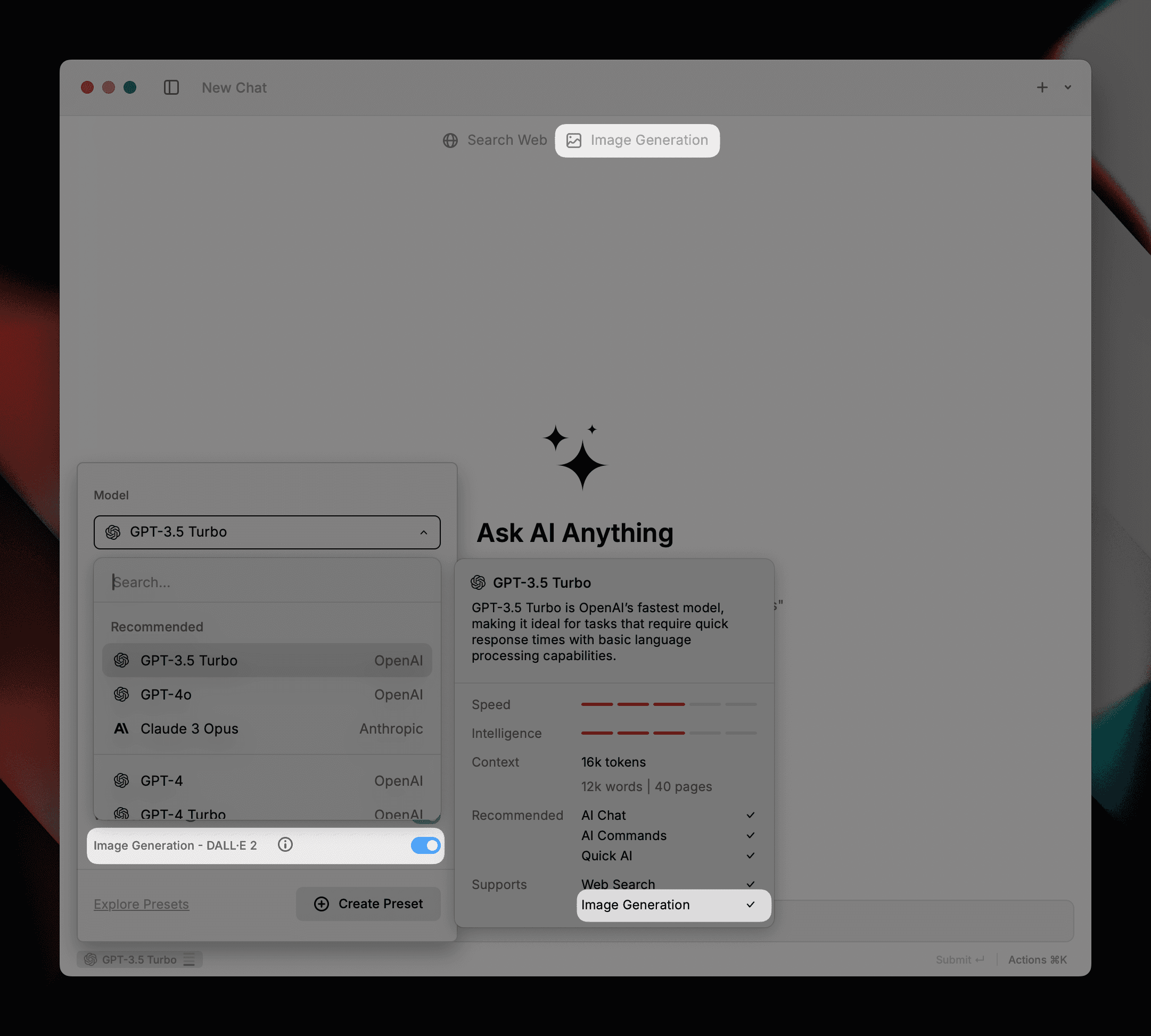 Model detail view showing Image Generation support