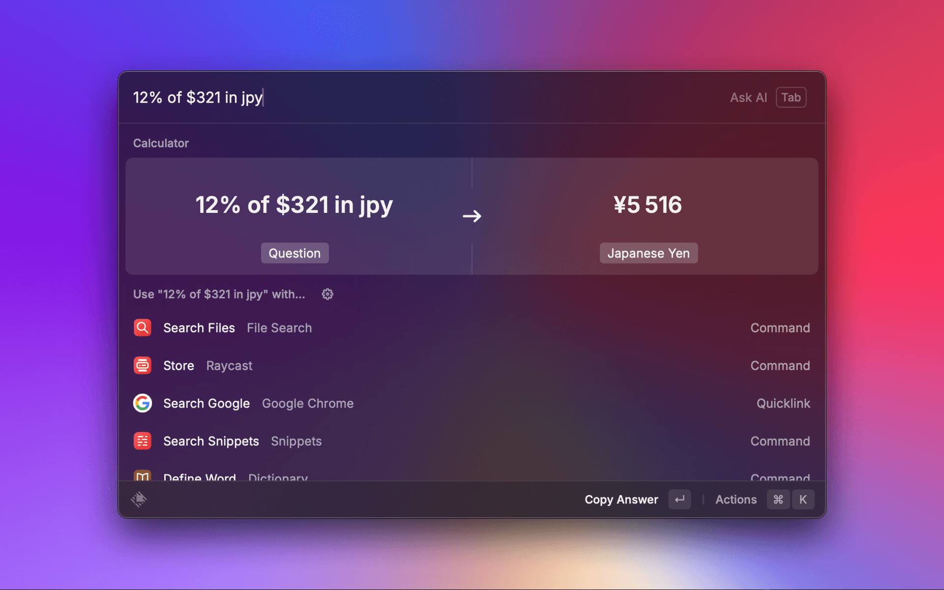 Screenshot of a calculation in Raycast V1