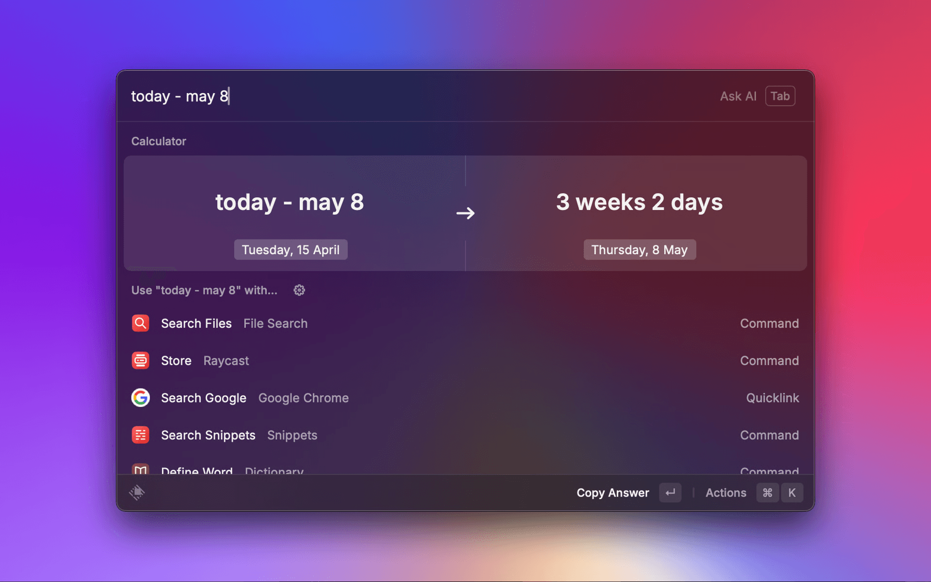 Screenshot of Raycast V1 converting dates
