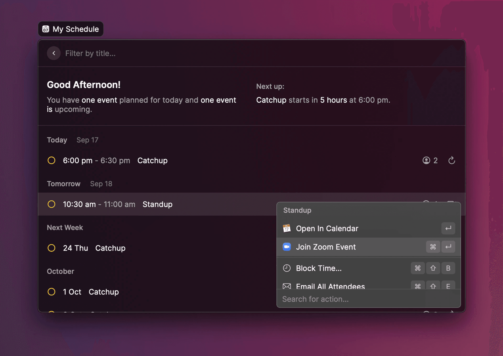 Screenshot of the My Schedule command in Raycast V1