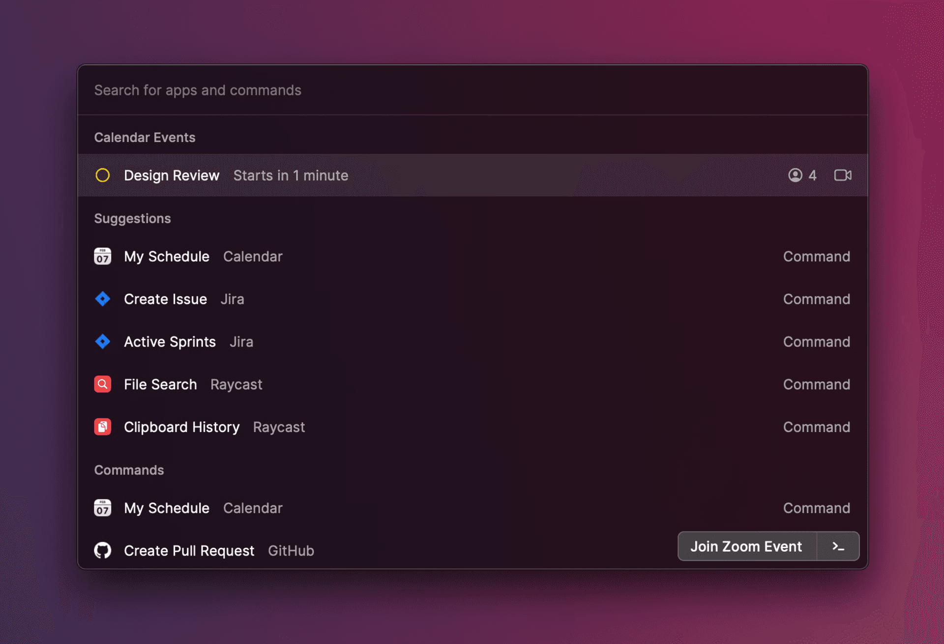 Screenshot of an event in Raycast V1 root search