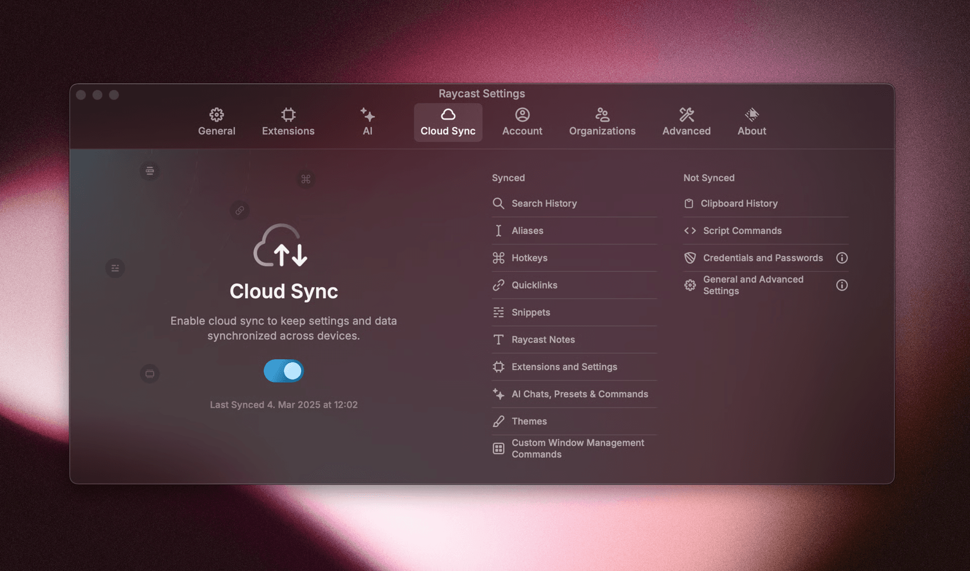 Screenshot of Cloud Sync settings in Preferences in Raycast V1
