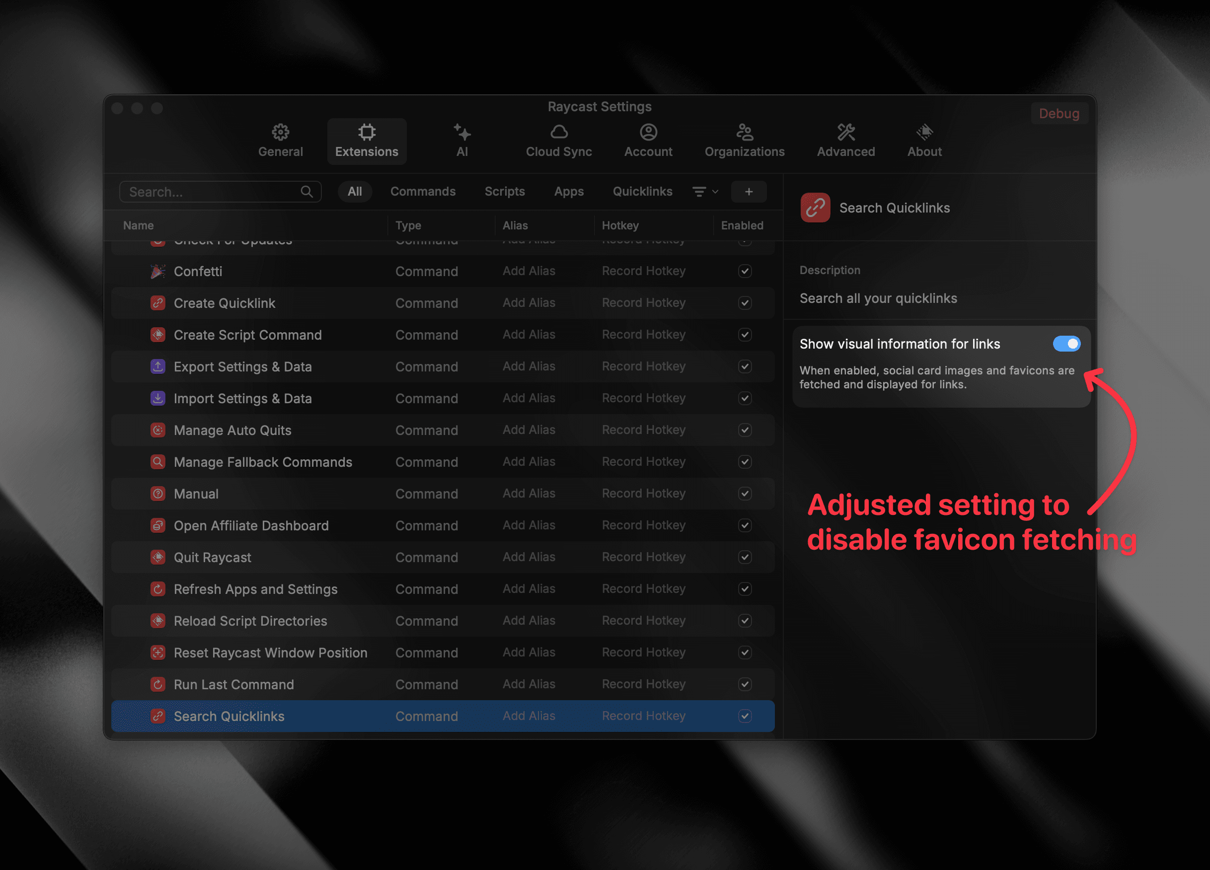 Favicons setting in Quicklinks