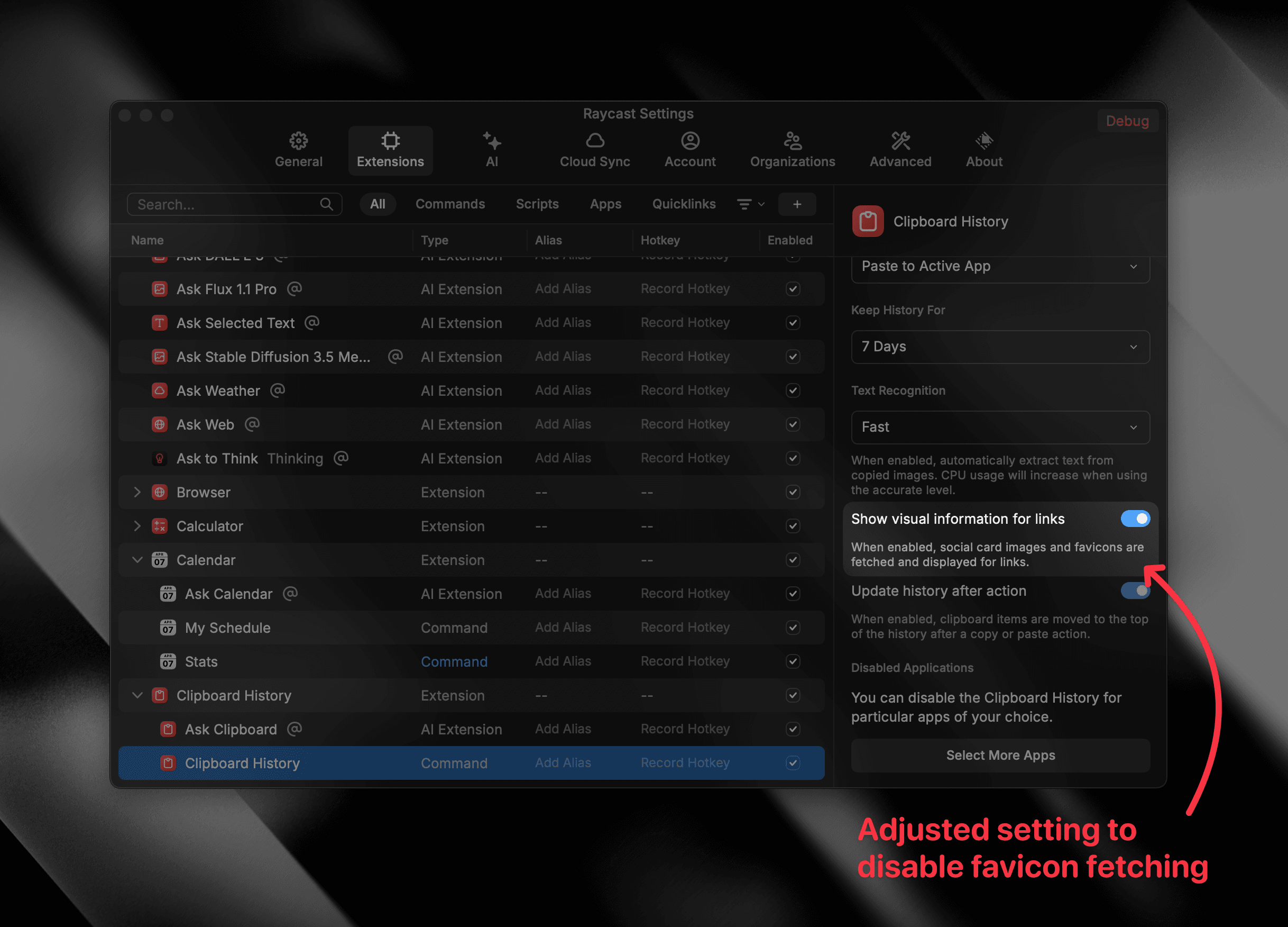 Favicons setting in Clipboard History