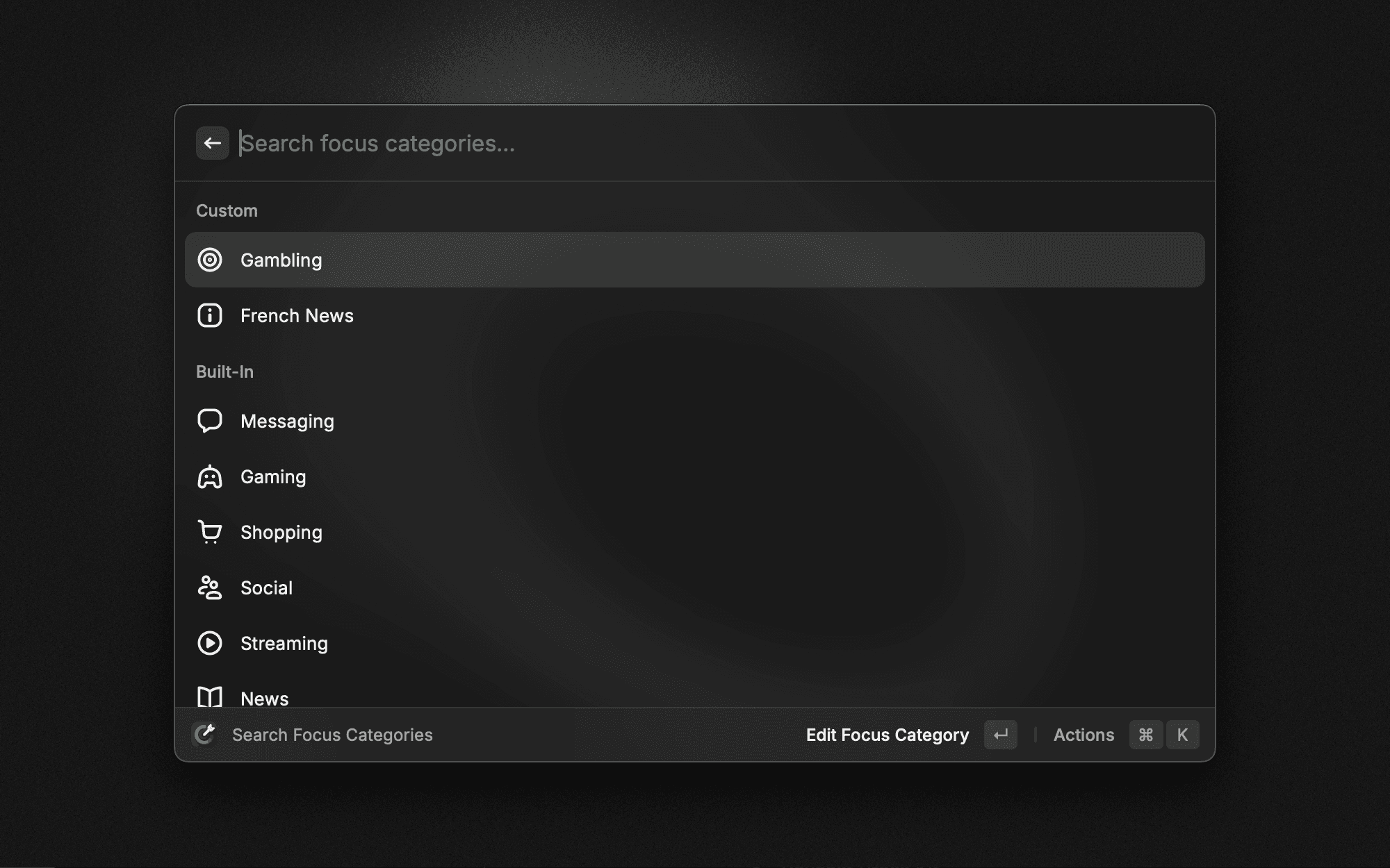 Searching focus categories