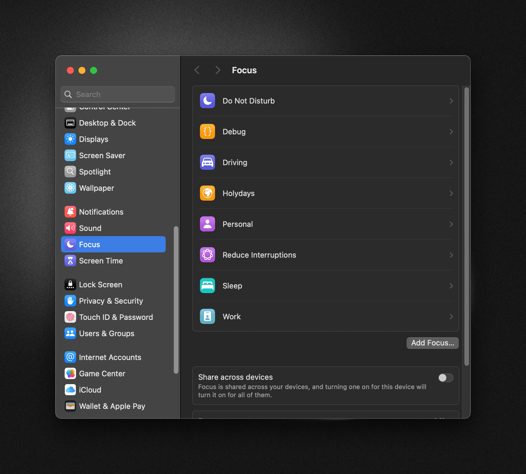 Selecting a Focus in System Settings