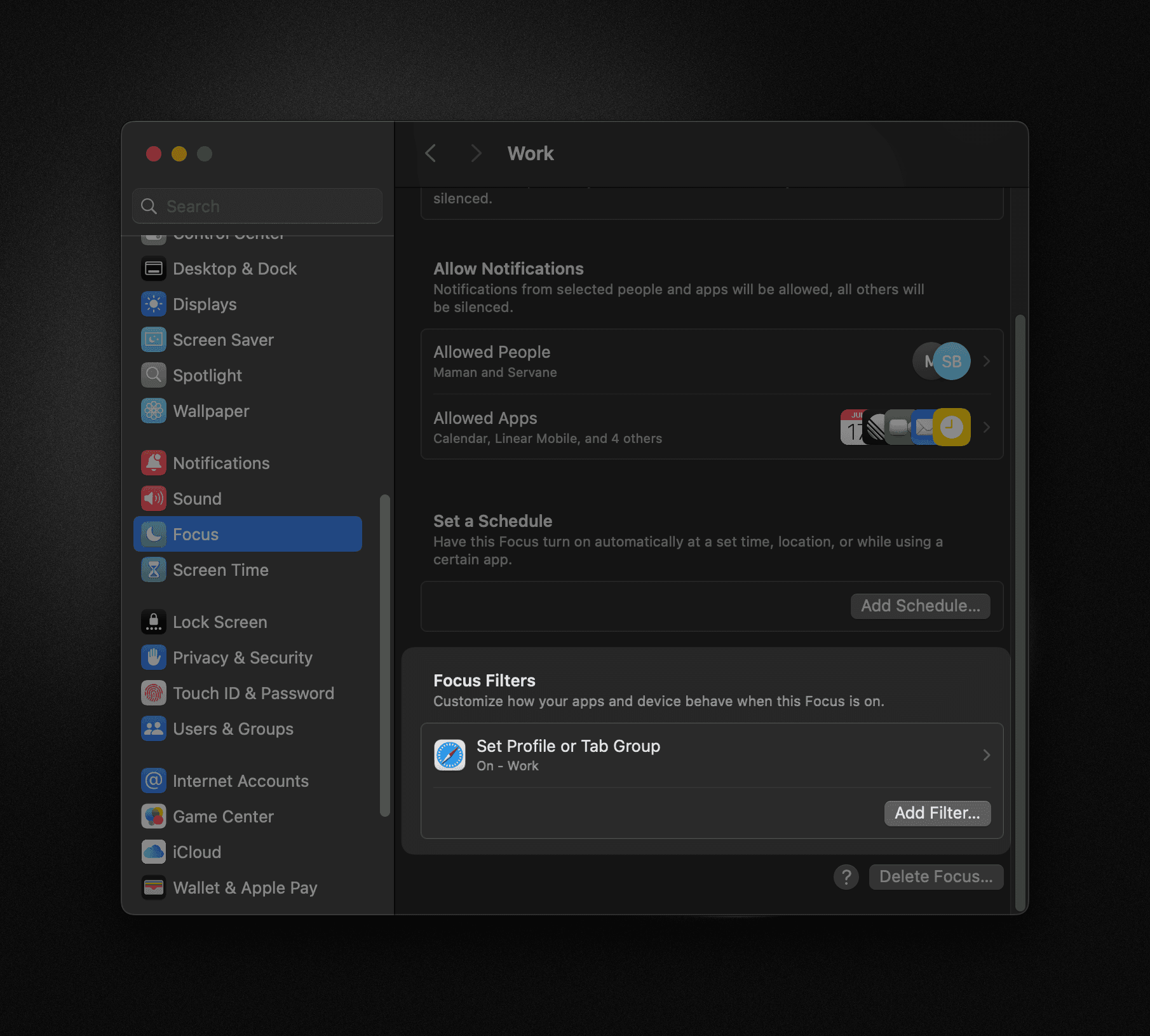 Adding a Focus Filter in System Settings