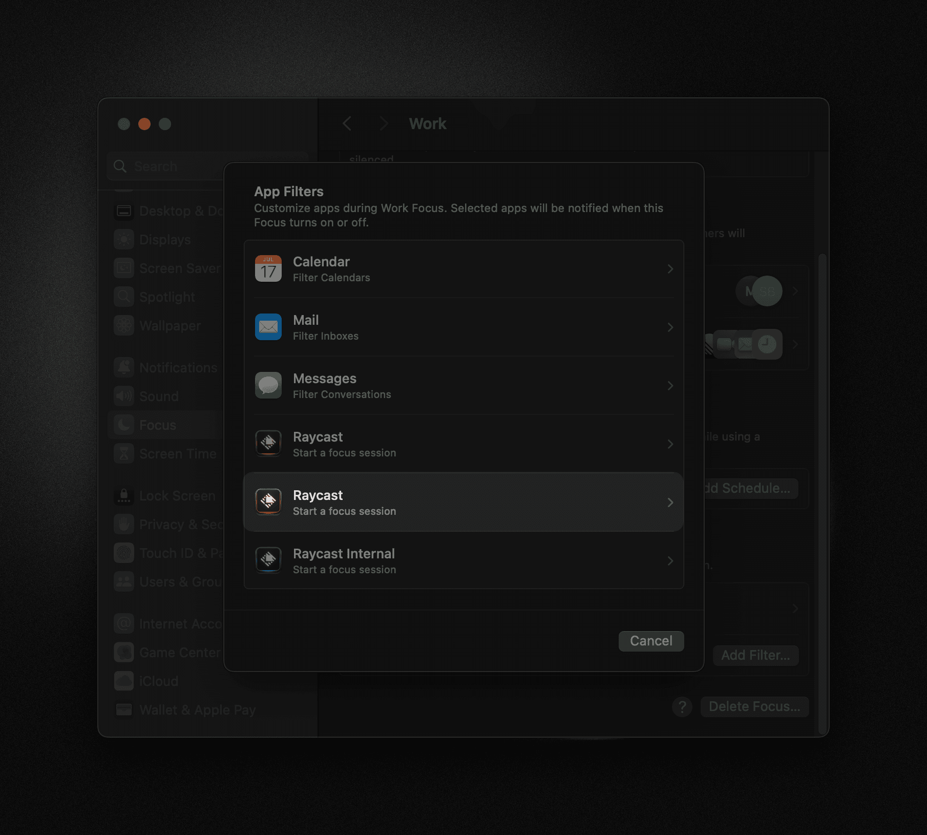 Selecting the Raycast Focus filter