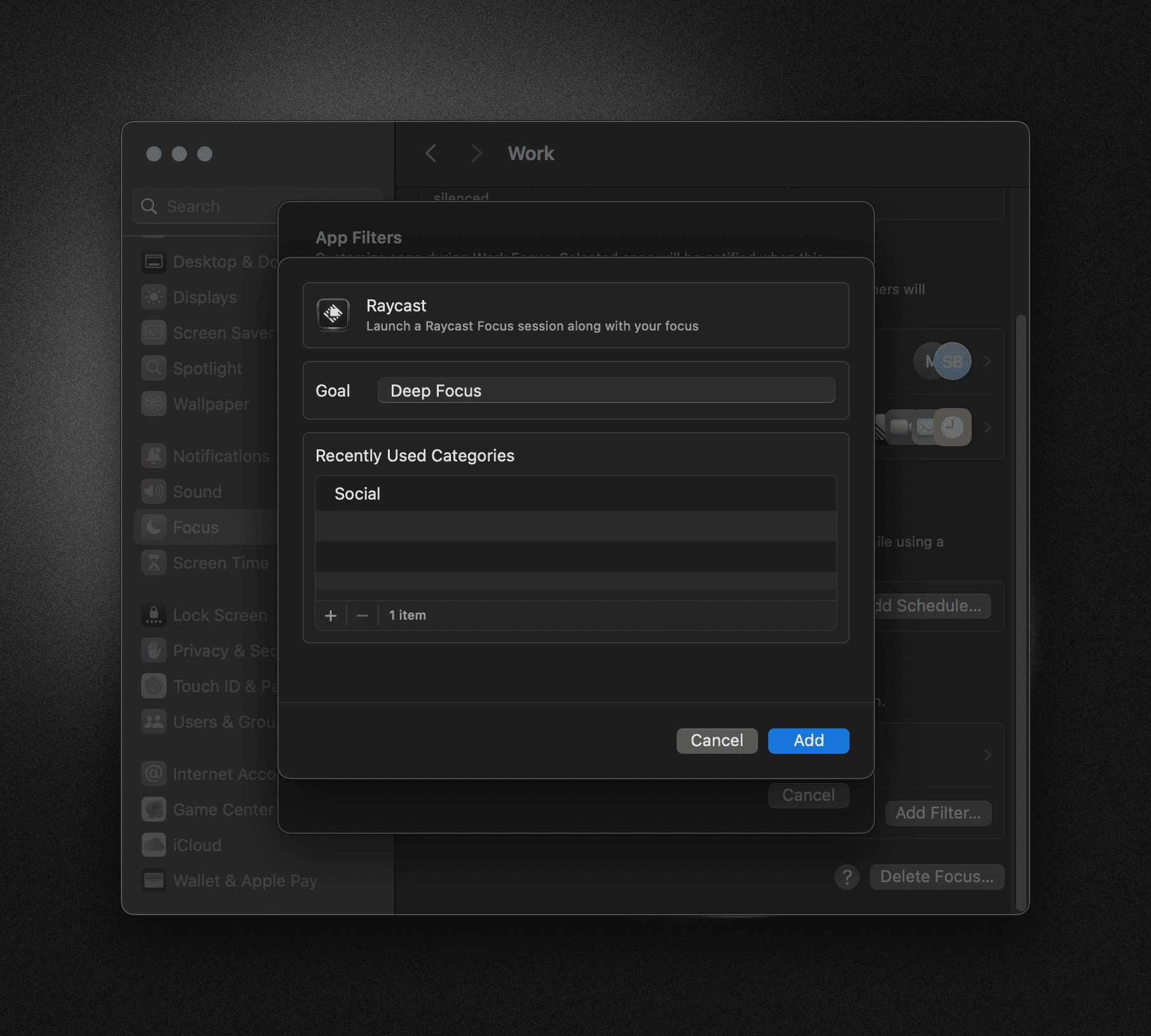 Configuring the Raycast Focus filter