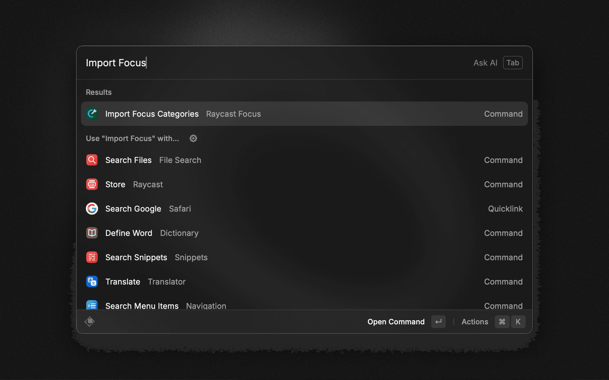 Import Focus Categories command in Raycast