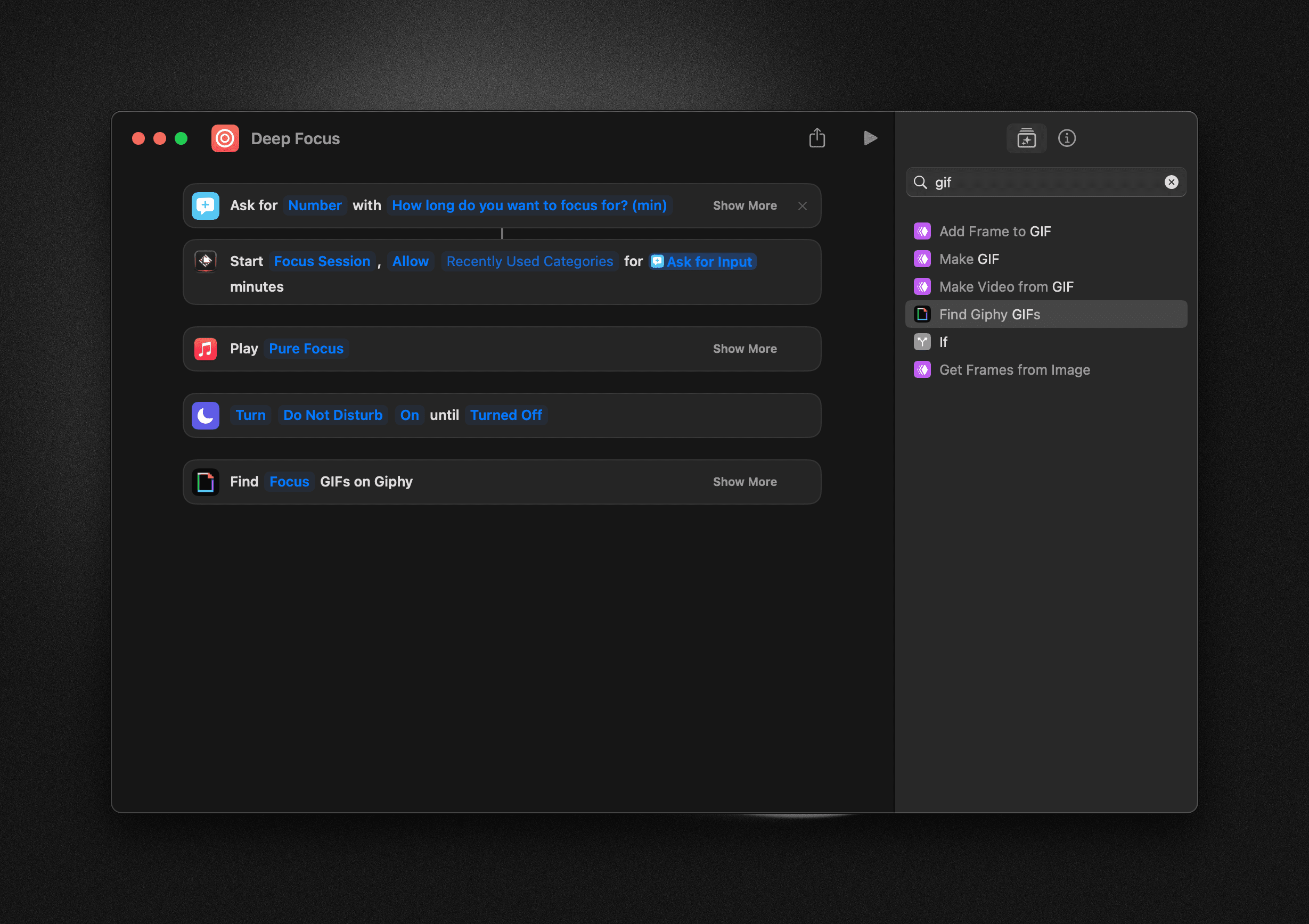 Example Raycast Focus shortcut in the Shortcuts app