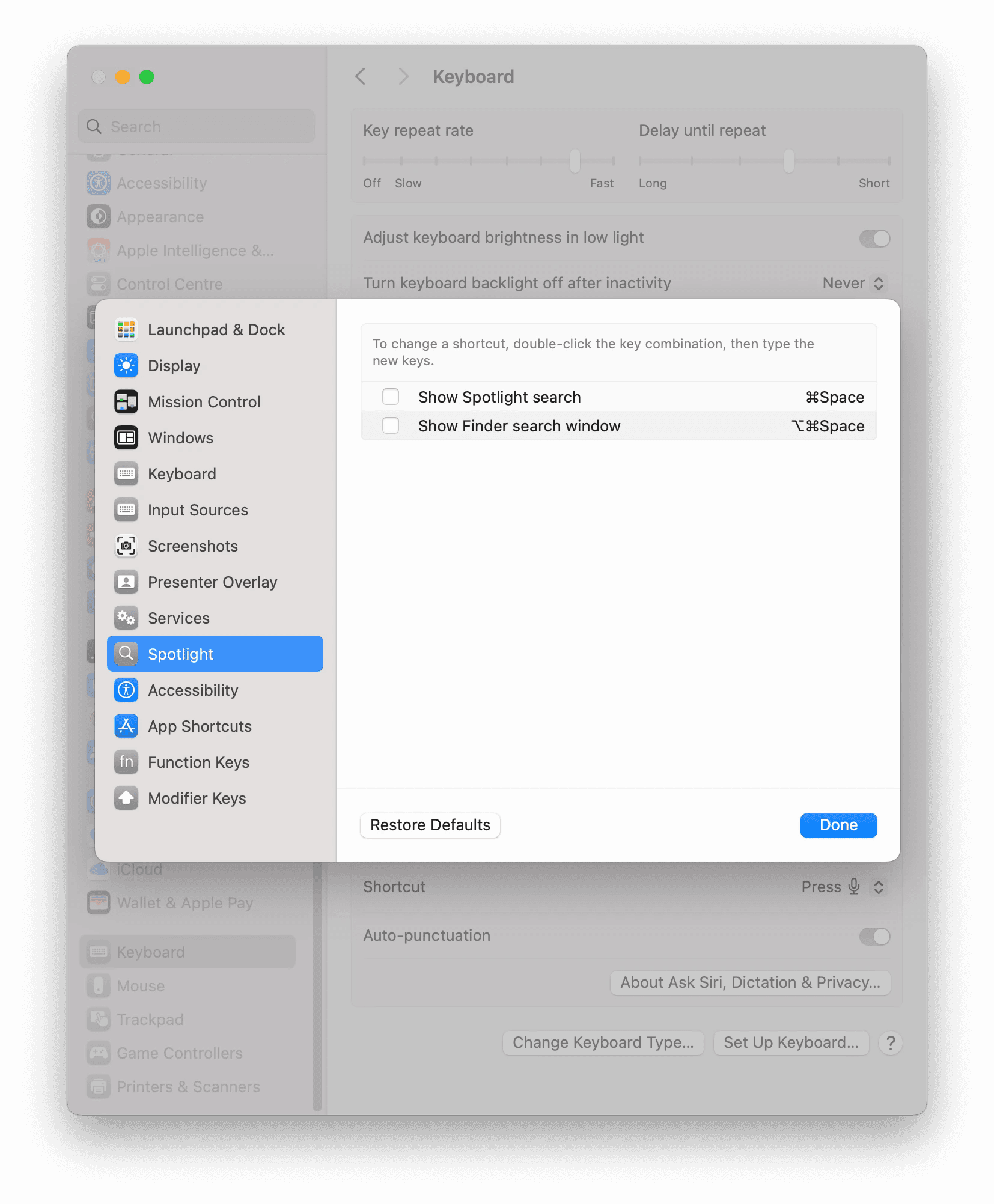 Screenshot of System Settings showing the default keyboard shortcut being turned off